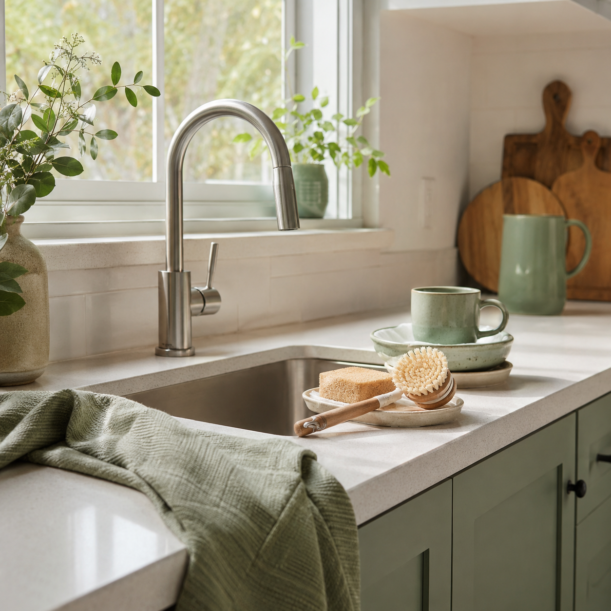 Kitchen sink area with green cabinets, a silver faucet, potted plants on the windowsill, and dish soap. There are green ceramic cups and plates, a wooden scrub brush, a sponge, and a green dish towel near the sink.