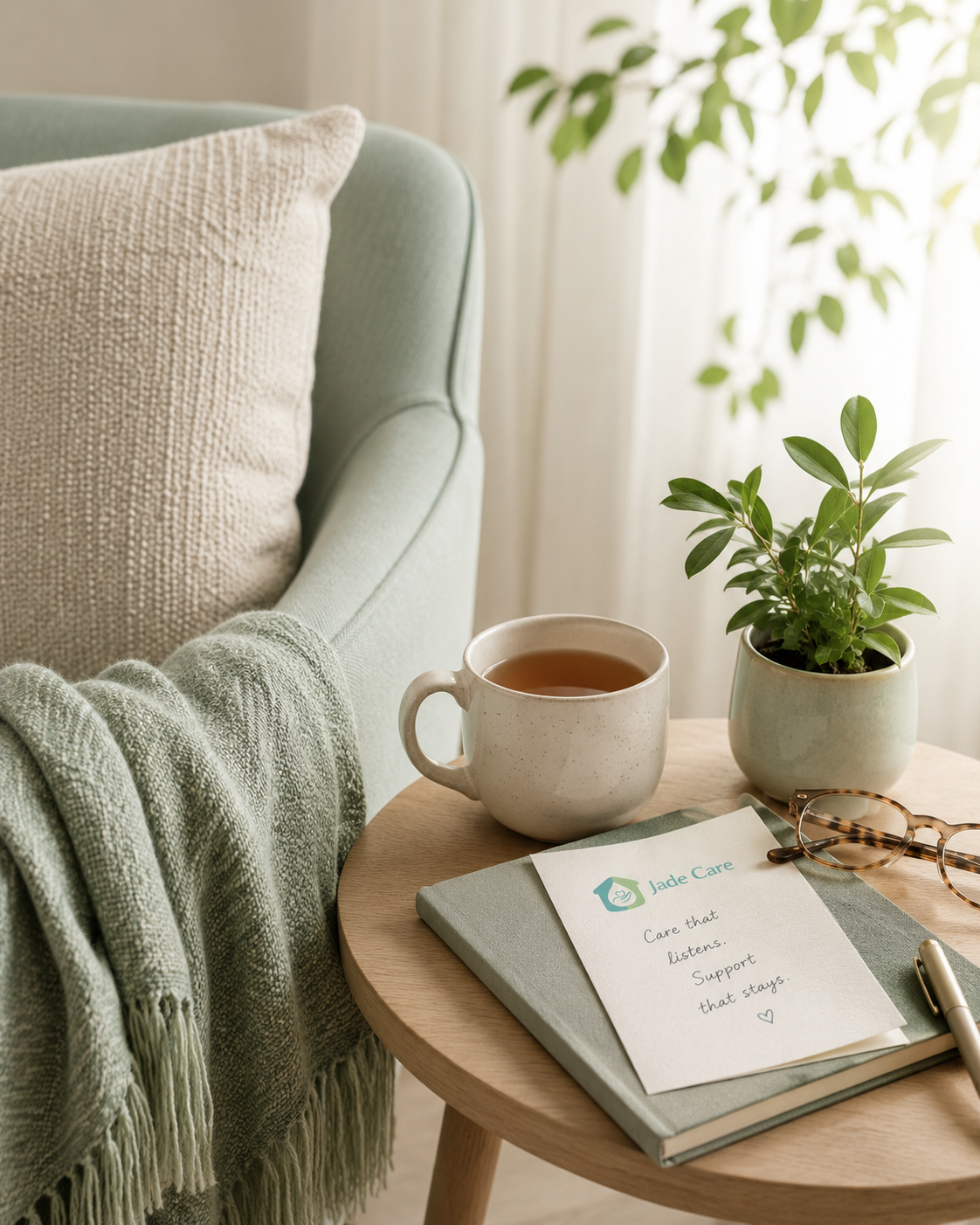 A cozy living room corner with a light green armchair, a beige pillow, a throw blanket, a small wooden table with a cup of tea, a potted plant, a pair of glasses, and a notebook and card reading 'Jade Care, Care that listens. Support that stays.'