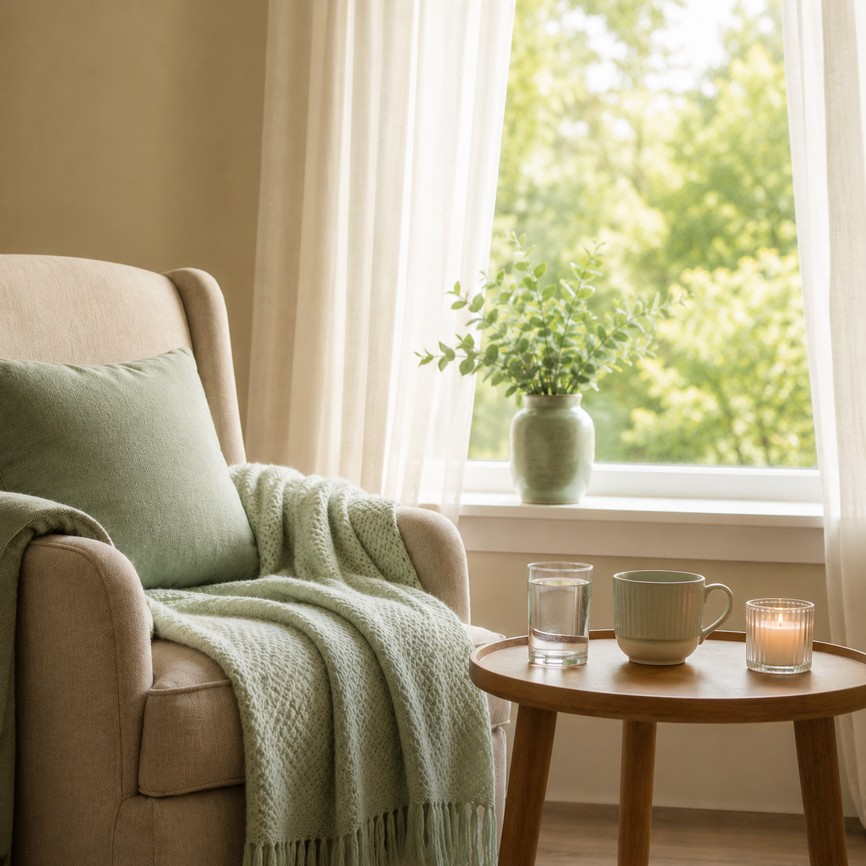 A cozy beige armchair with a green pillow and a light green throw blanket, a small wooden table with a cup, glass of water, and candle, next to a window with beige curtains and a potted plant, bright outside with green trees.