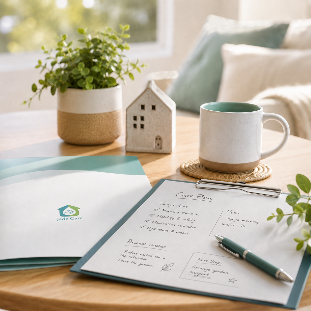 Small house ornament beside a plant and cup in a calm home setting.