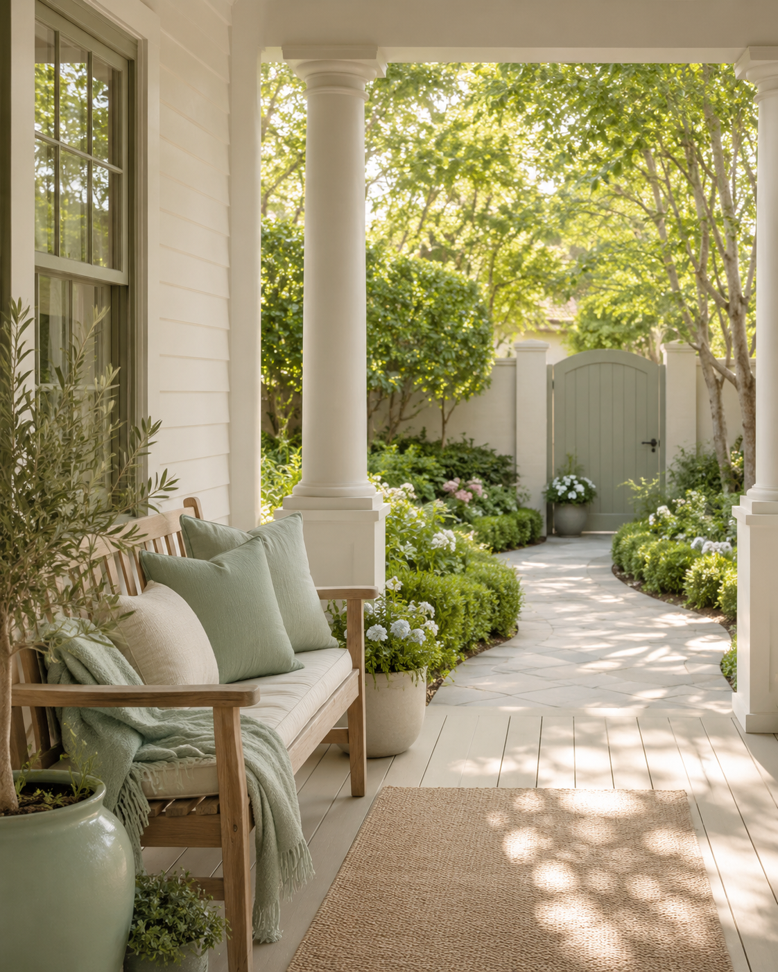 Covered front porch with wooden bench with light green and beige cushions, potted plants, white siding, and a garden path leading to a gray gate surrounded by trees and flowering bushes.