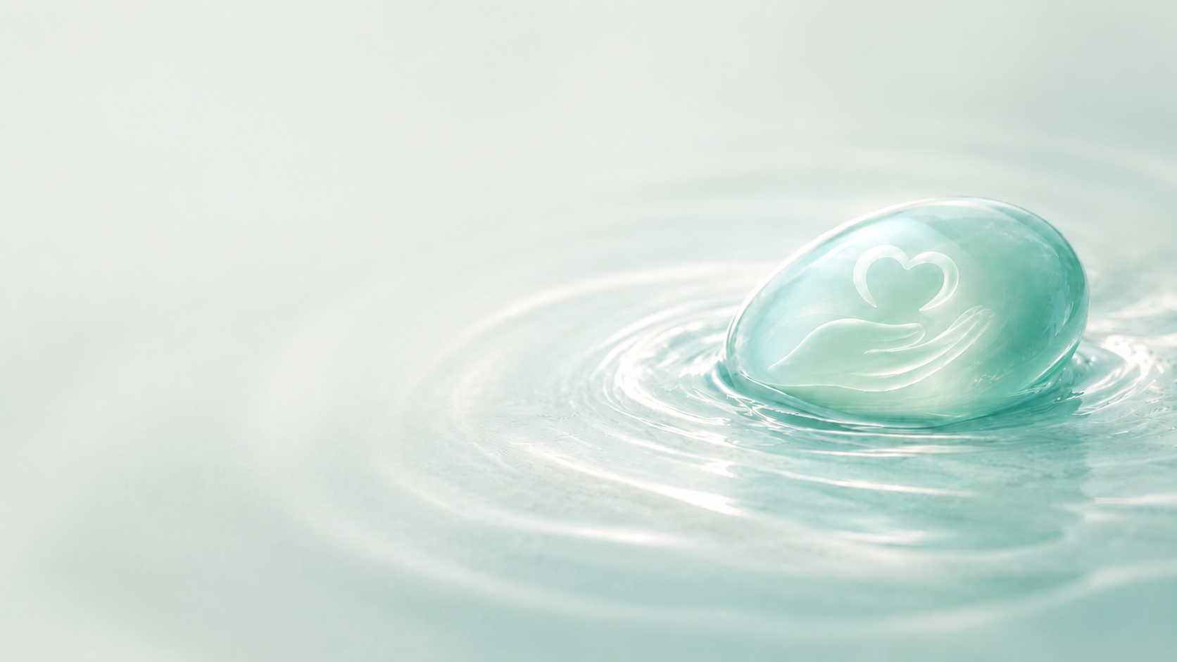 A smooth, light blue, oval-shaped soap with a white heart symbol engraved on it, resting on water with ripples.