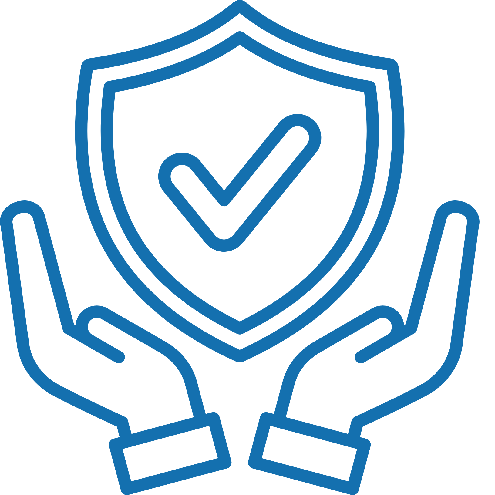 A blue outline illustration of hands holding a shield with a checkmark inside, symbolizing security or protection.