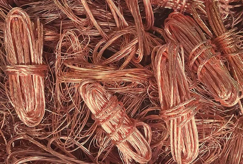 Close-up of a pile of copper wire strands.