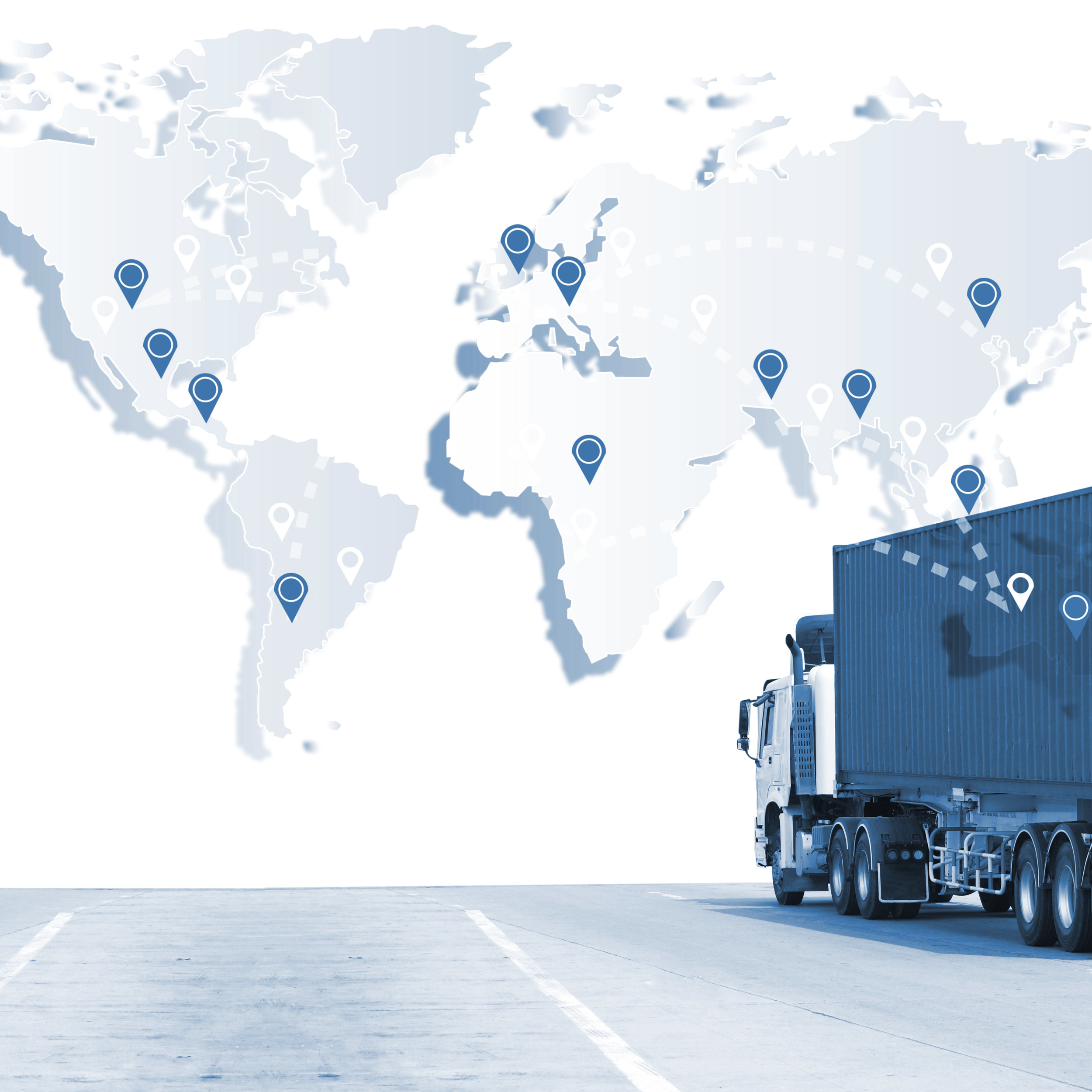 A cargo truck with a shipping container parked in an empty lot with a world map overlay in the background.