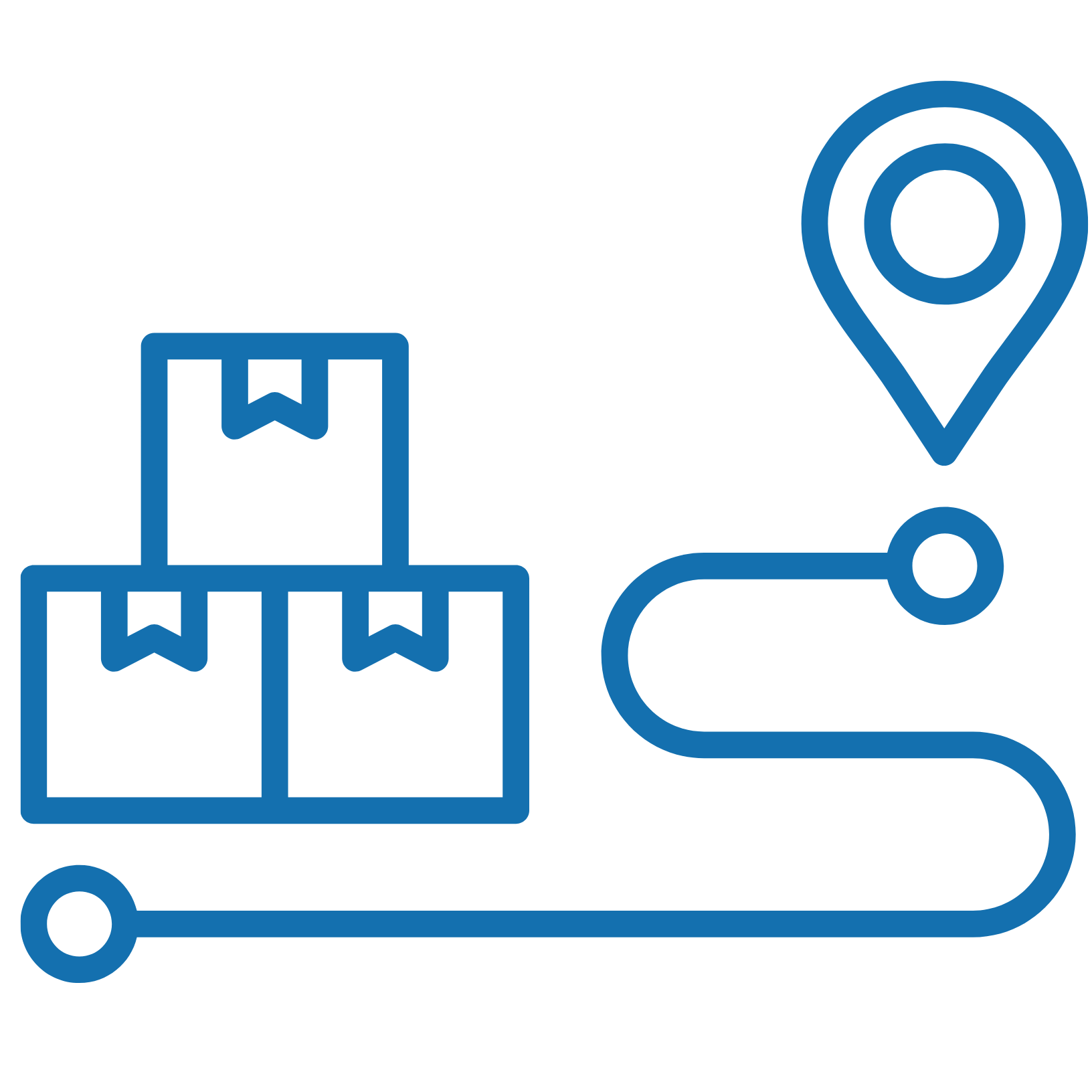 Line drawing of a shopping cart with packages inside and a location marker above.