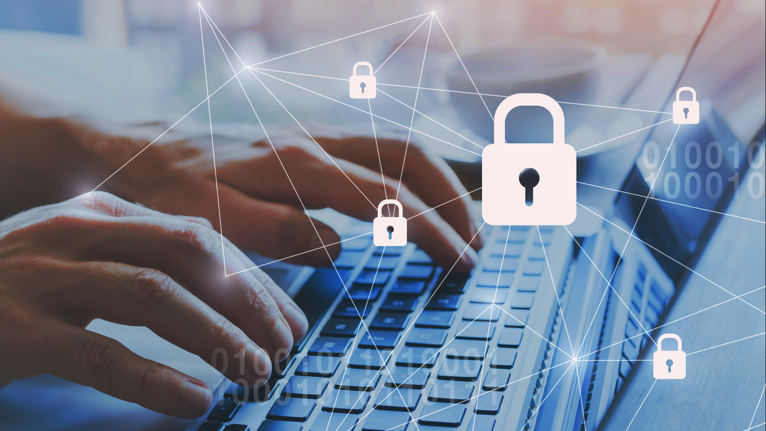 Hands typing on a laptop keyboard overlaid with digital padlocks and binary code, representing cybersecurity.