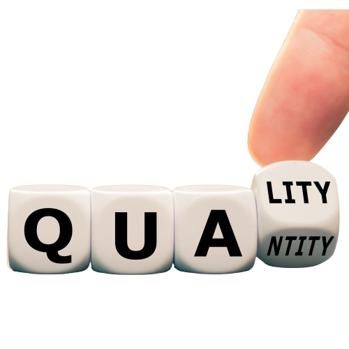 Four white letter blocks spell out 'QUA' with an additional block showing the letters 'LITY' held by a person's finger, forming the word 'QUALITY'.