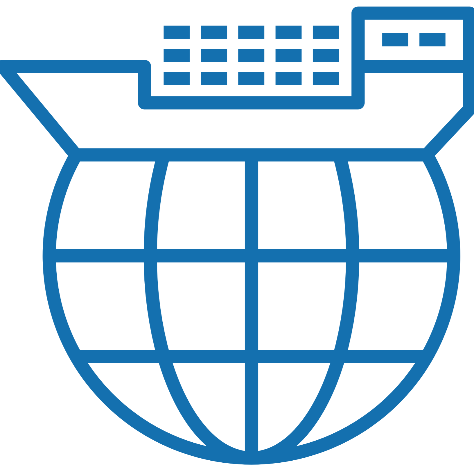 Line drawing of a globe with a computer keyboard on top.