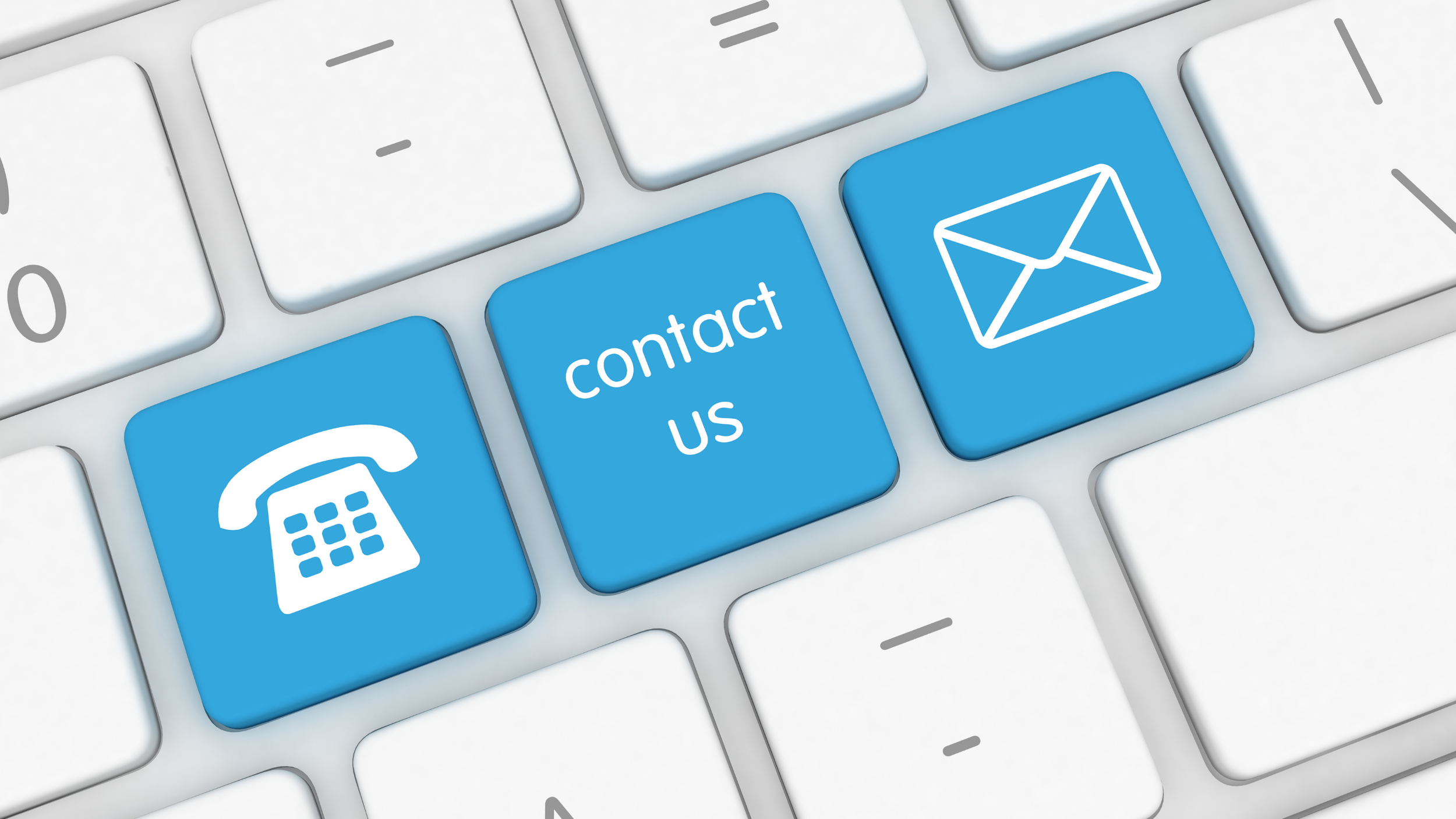 Close-up of a computer keyboard with a blue contact us button featuring a white envelope icon and the words 'contact us' next to a phone icon.