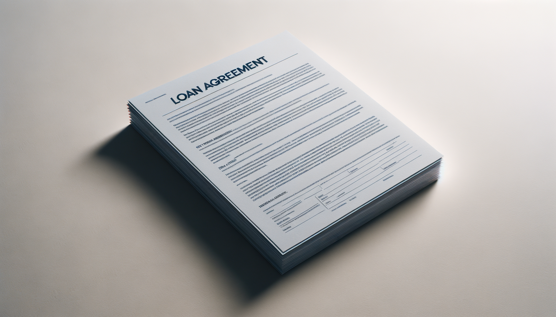 Stack of loan agreement documents on a light-colored surface, with the top sheet titled 'Loan Agreement' in large bold letters.