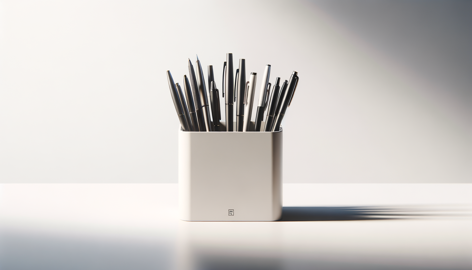 Collection of black and silver pens in a white pen holder on a white surface with a plain light background.