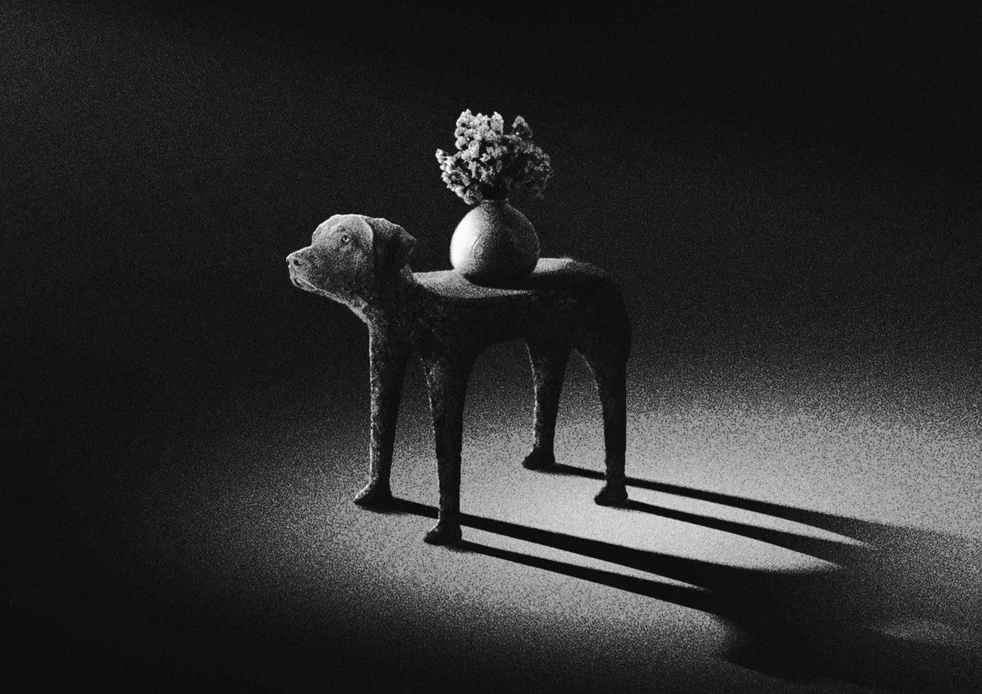 A black and white image of a dog-shaped table with curly hair in a vase on top, casting long shadows on a dark background.