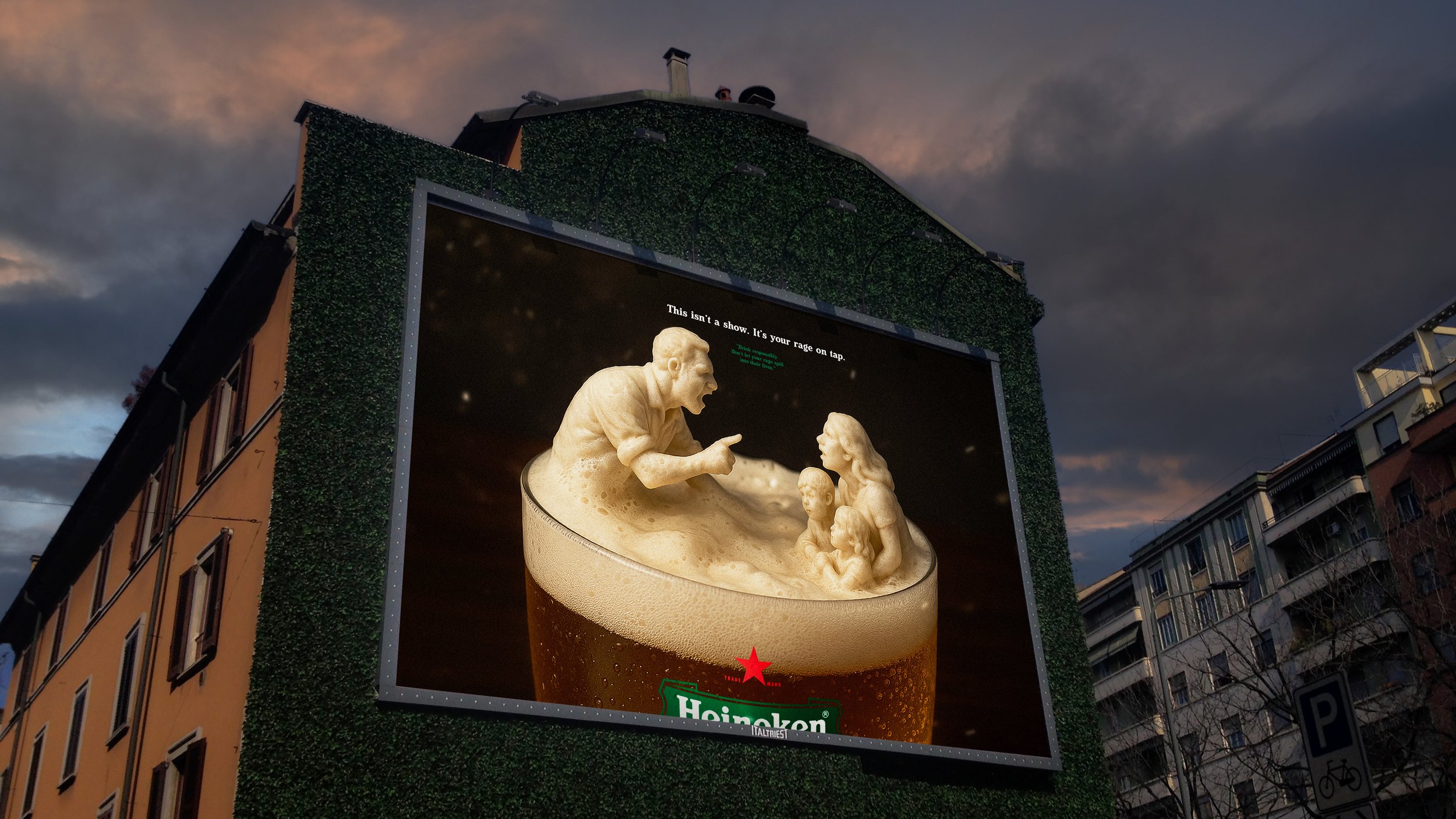 Billboard advertisement for Heineken showing a large beer glass with a foamy top containing miniature figures of a man and three children inside, set against a cloudy evening sky.