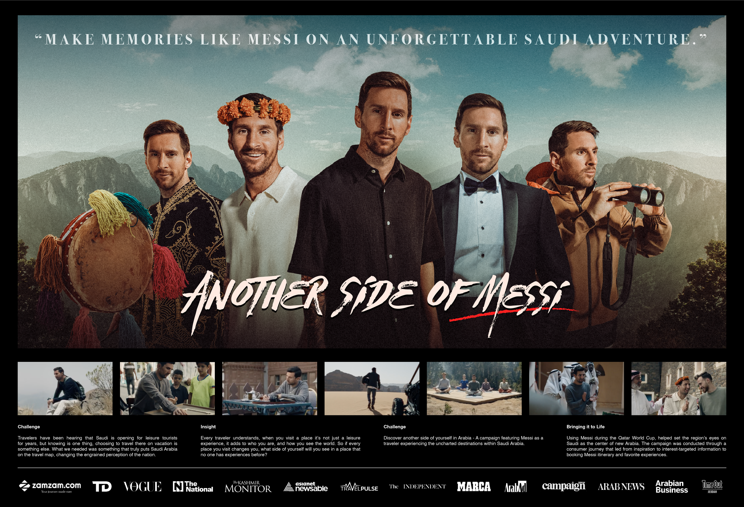 Group of five men standing outdoors in front of a mountain landscape, with a quote at the top that reads 'Make memories like Messi on an unforgettable Saudi adventure.' The men are dressed casually and formally, holding various objects such as binoculars and a drum, with one wearing a flower crown.