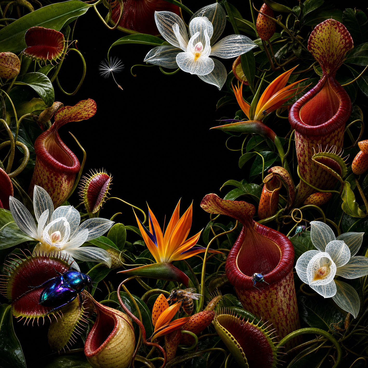 A vibrant arrangement of tropical plants and flowers, including pitcher plants, orchids, and a bird of paradise, with a black background.