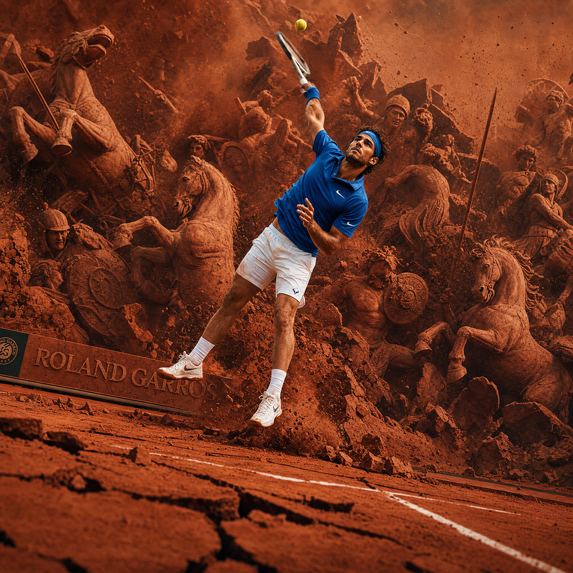 A tennis player in a blue shirt and white shorts hitting a tennis ball on a clay court, with a dramatic backdrop of a historical sculpture relief and dust in the air.