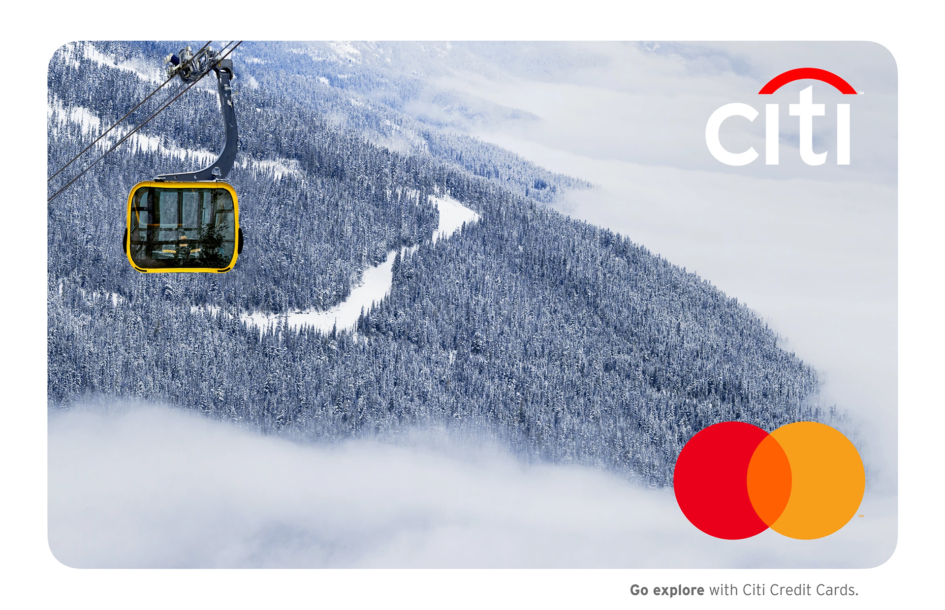 Snow-covered mountain with ski lift and trees, Citi and Mastercard logos, and text encouraging exploring with Citi credit cards.