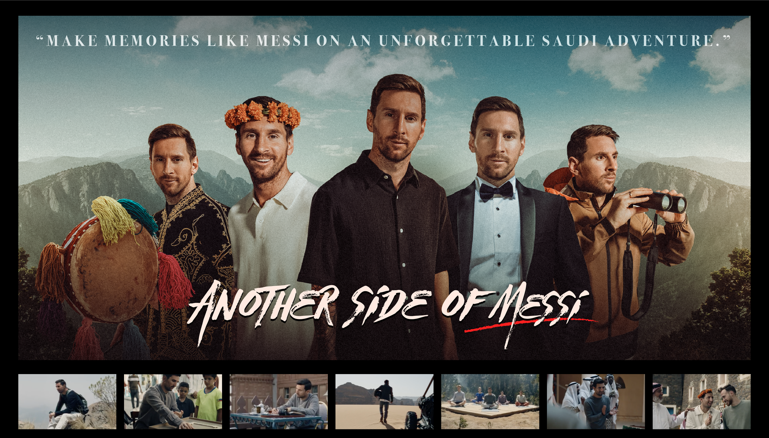 A promotional poster for a documentary titled 'Another Side of Messi' features five images of Lionel Messi in different settings, with a mountain landscape in the background. He is dressed in various outfits, including traditional Arab attire and casual clothing, and engaging in activities like holding a drum, wearing a flower crown, and using binoculars. The quote at the top reads 'MAKE MEMORIES LIKE MESSI ON AN UNFORGETTABLE SAUDI ADVENTURE.'