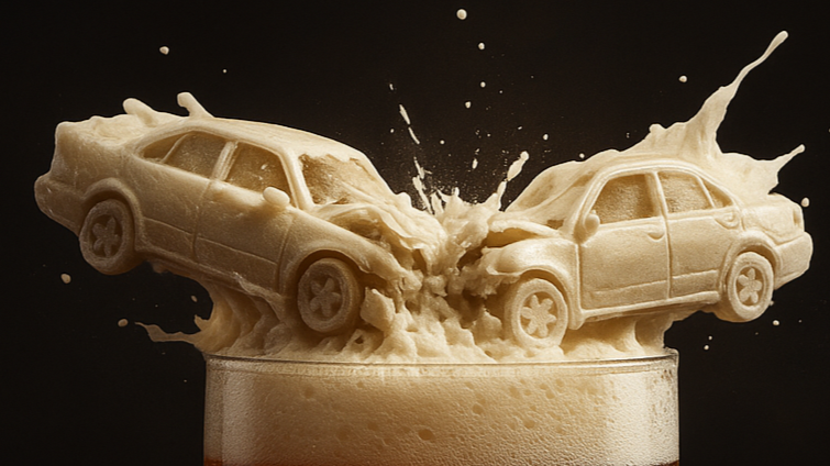 Two white plastic toy cars crashing into each other, splashing foam and bubbles from a glass of beer or soda.