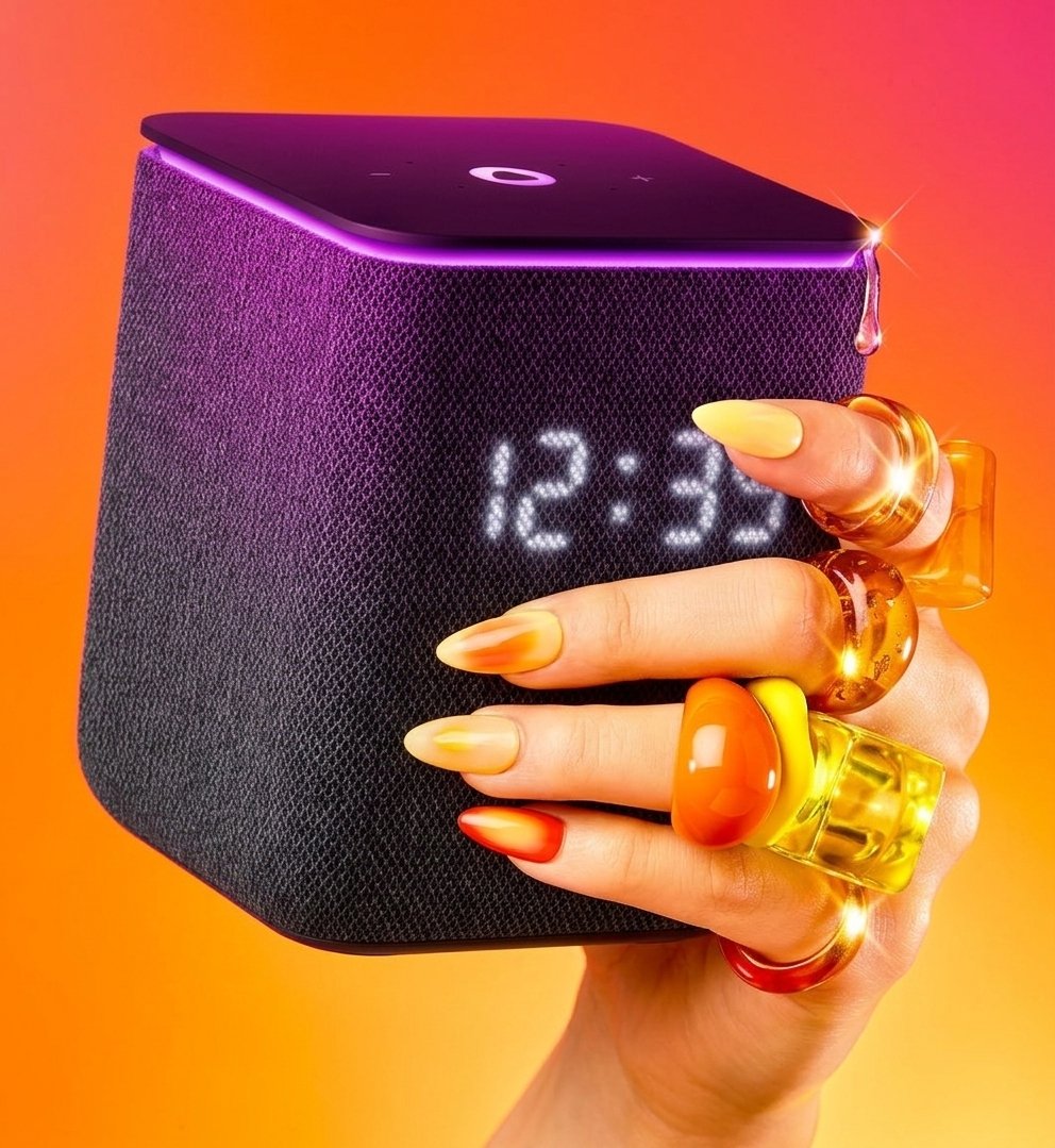 A close-up of a hand with colorful rings and yellow-orange nail polish, holding a black smart speaker with a digital clock display of 12:35, against an orange background with purple accents on the speaker.