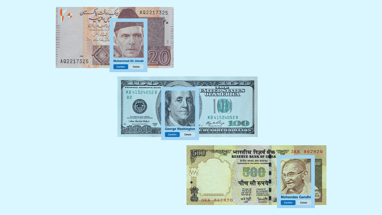 A digital screen showing images of three different banknotes from Pakistan, the United States, and India, with face recognition tags for Muhammad Ali Jinnah, George Washington, and Mohandas Gandhi.