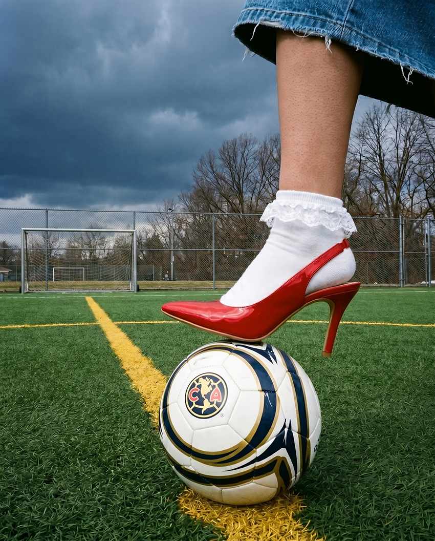A person standing on a soccer field balancing a red high-heeled shoe on their foot, which is placed on a soccer ball. The person is wearing white socks with ruffles and a denim skirt, with a cloudy sky in the background.