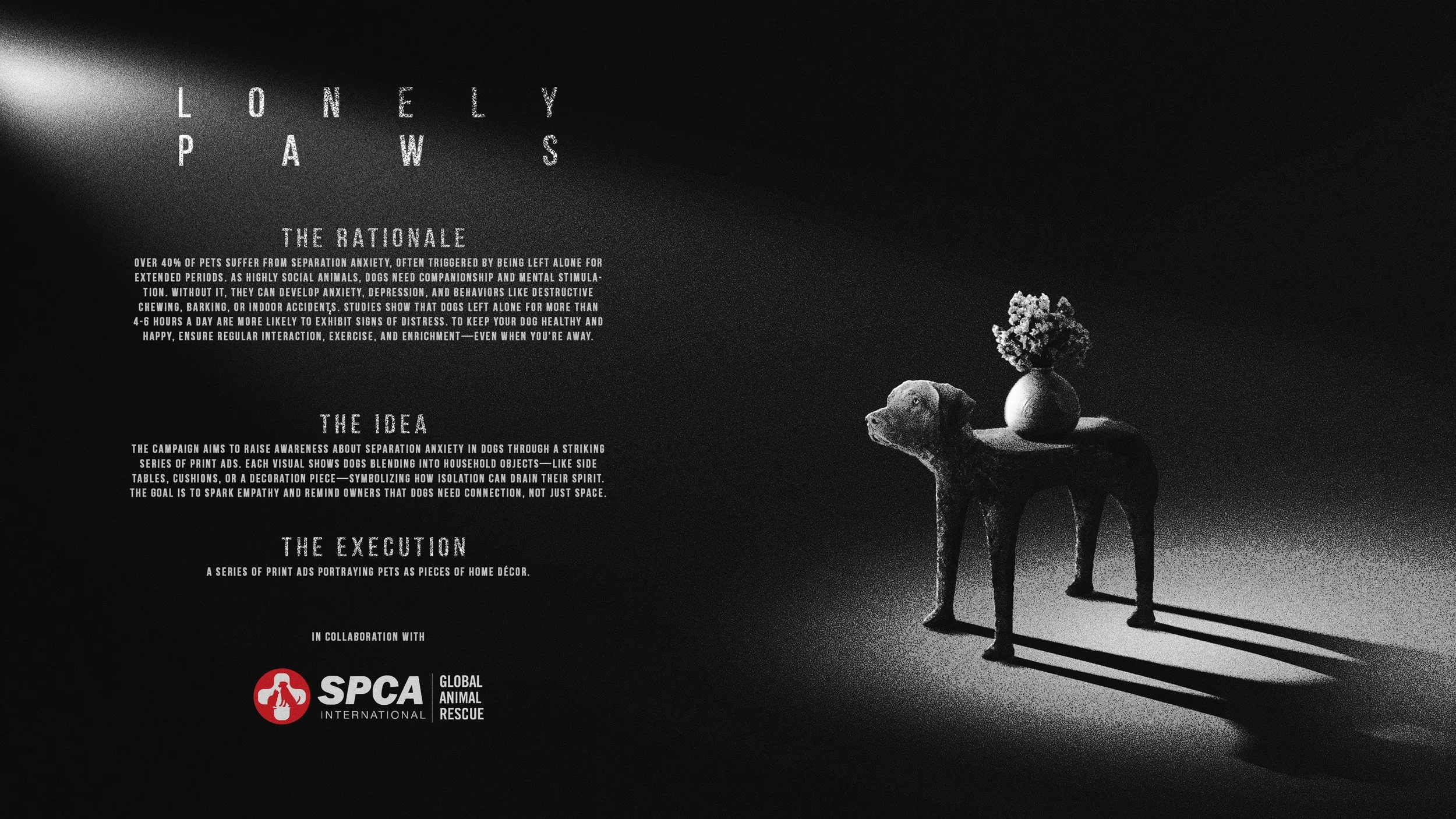 Black and white advertisement for the SPCA, featuring a dog sculpture on a stand and a vase with flowers, with text about pet separation anxiety.