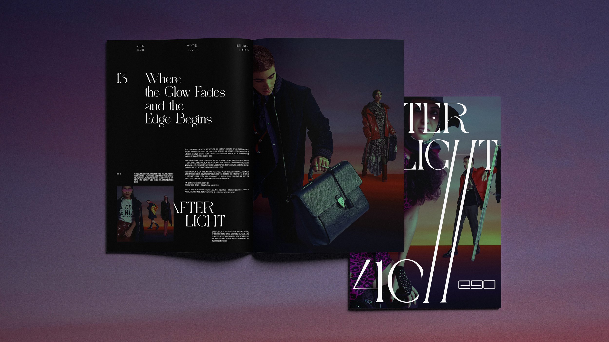 Open magazine featuring a fashion spread with models in vibrant outfits, with one model holding a briefcase, set against a gradient background.