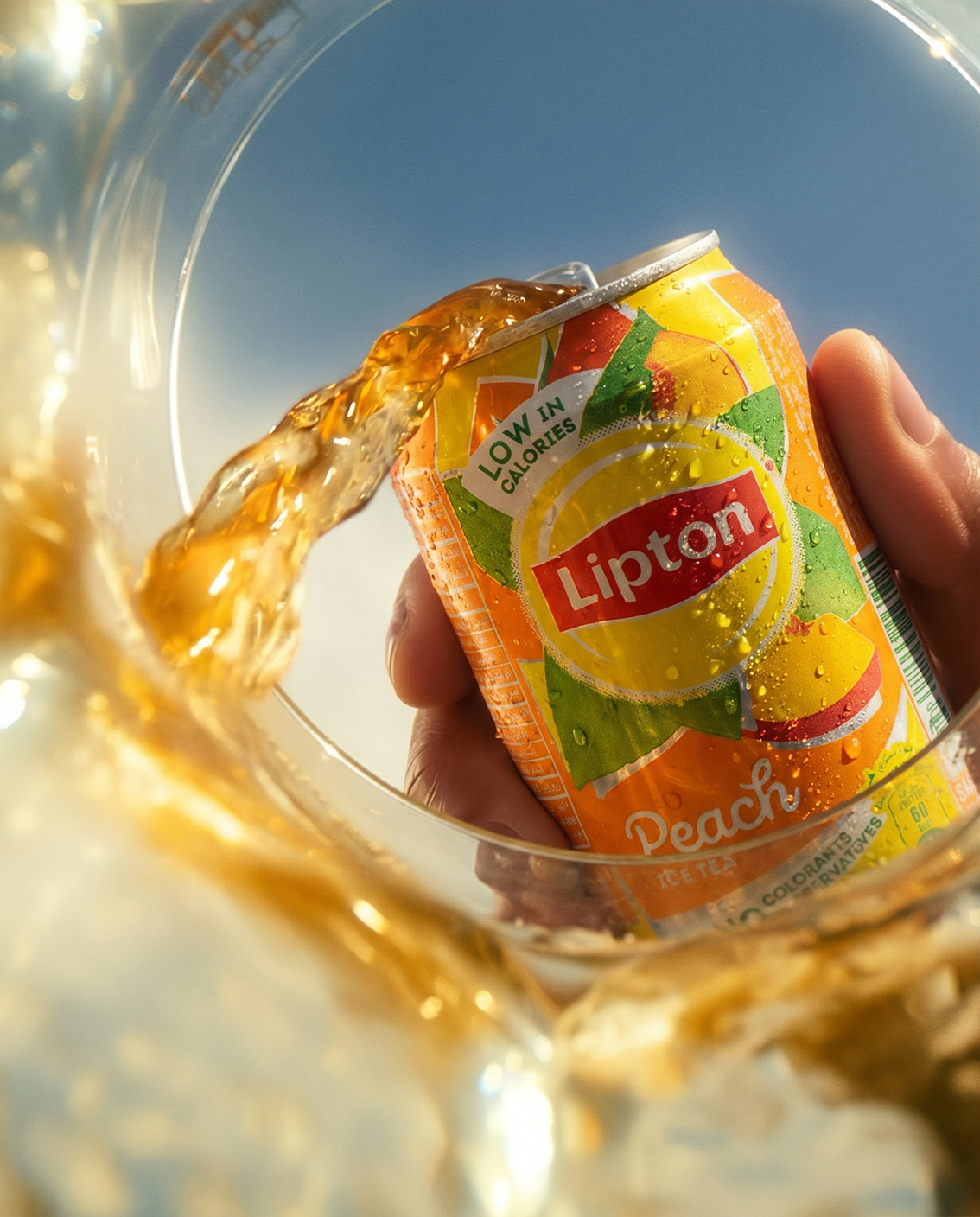 Pouring Lipton Peach iced tea from a can into a glass, with a clear blue sky background.