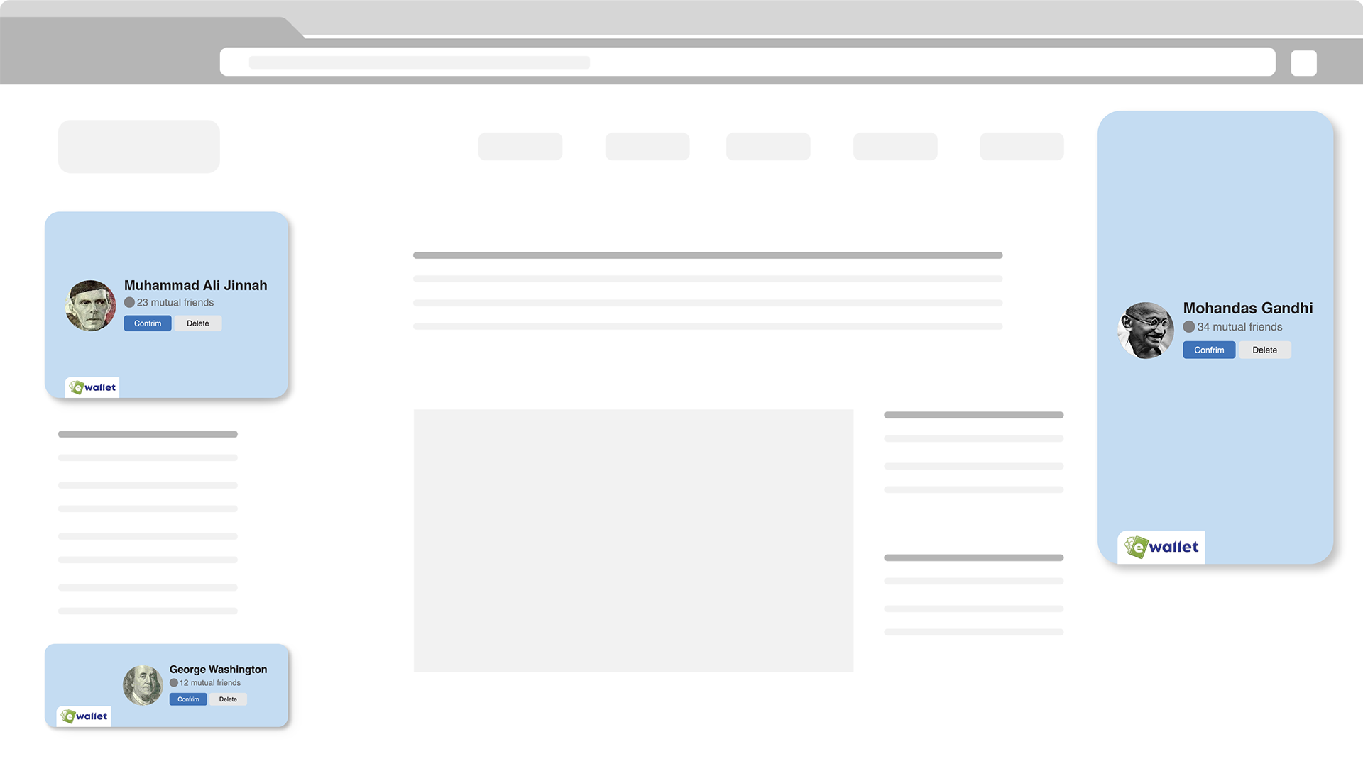 Screenshot of a social media webpage with profile cards of Muhammad Ali Jinnah, Mohandas Gandhi, and George Washington, each displaying a profile picture, mutual friends, and options to confirm or delete.