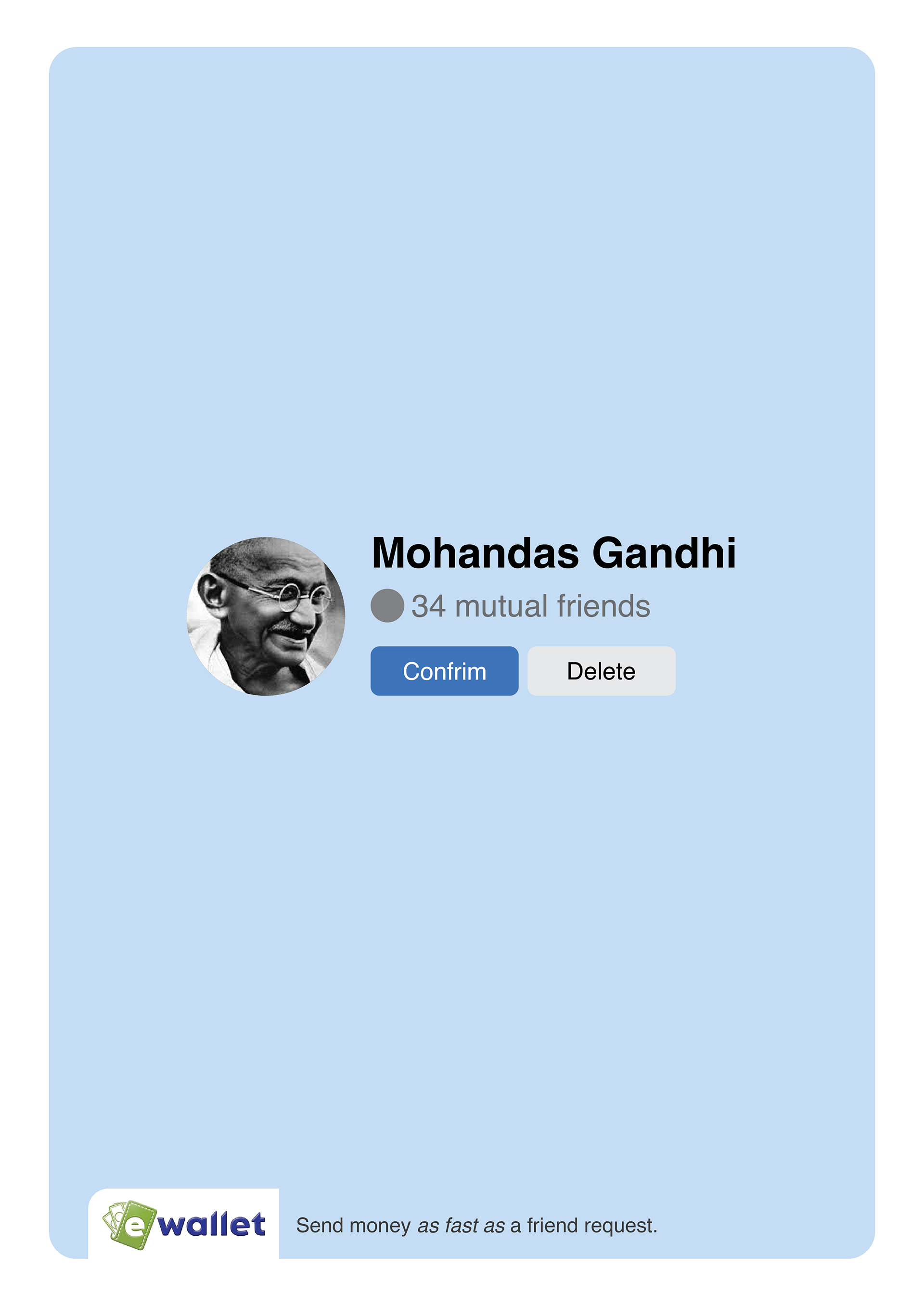 A digital payment confirmation screen with a photo of Mahatma Gandhi, his name, and a mutual friends count. There are options to confirm or delete the transaction. The bottom includes a logo for e-wallet.