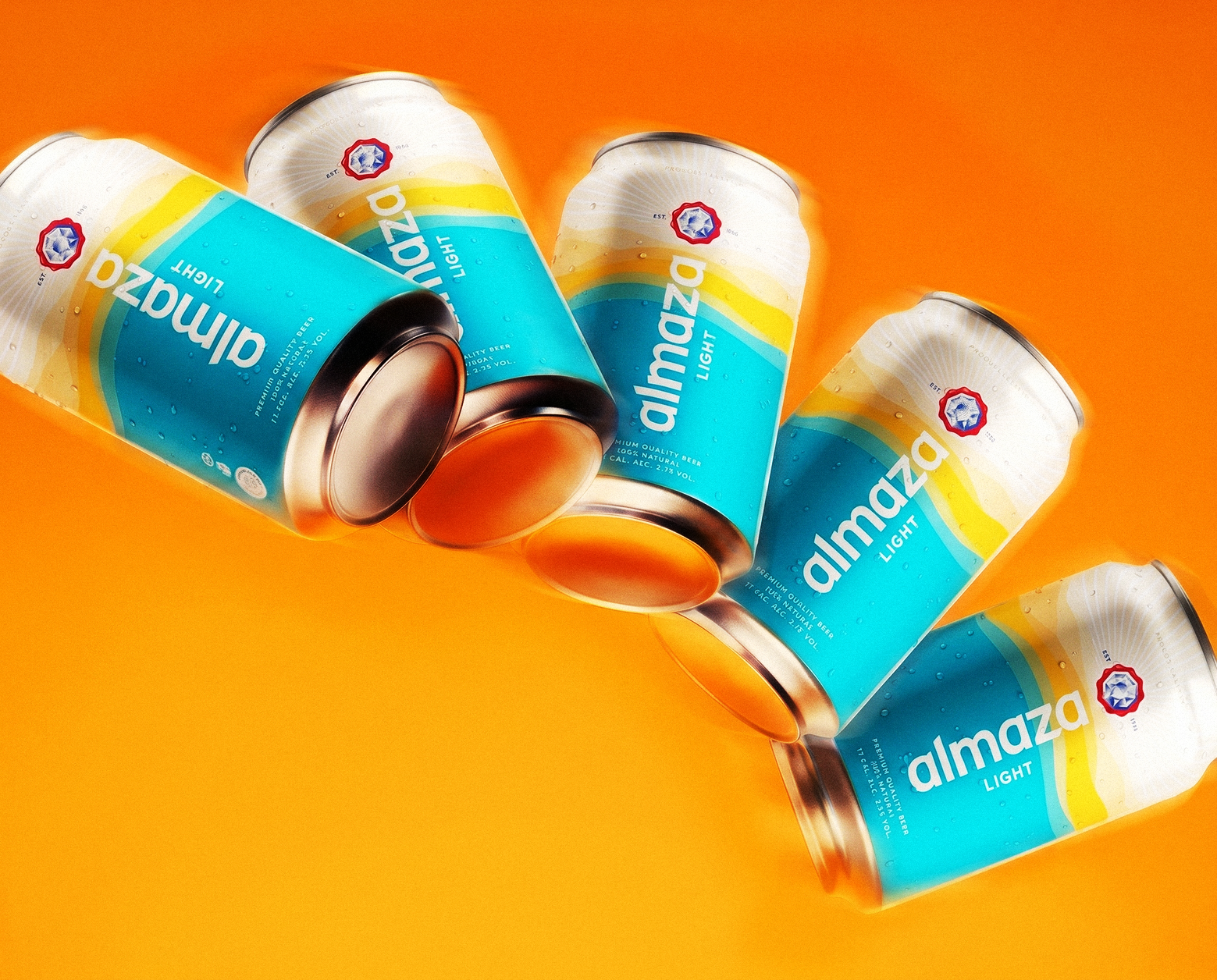 Six cans of Almazza Light beer arranged on an orange background.