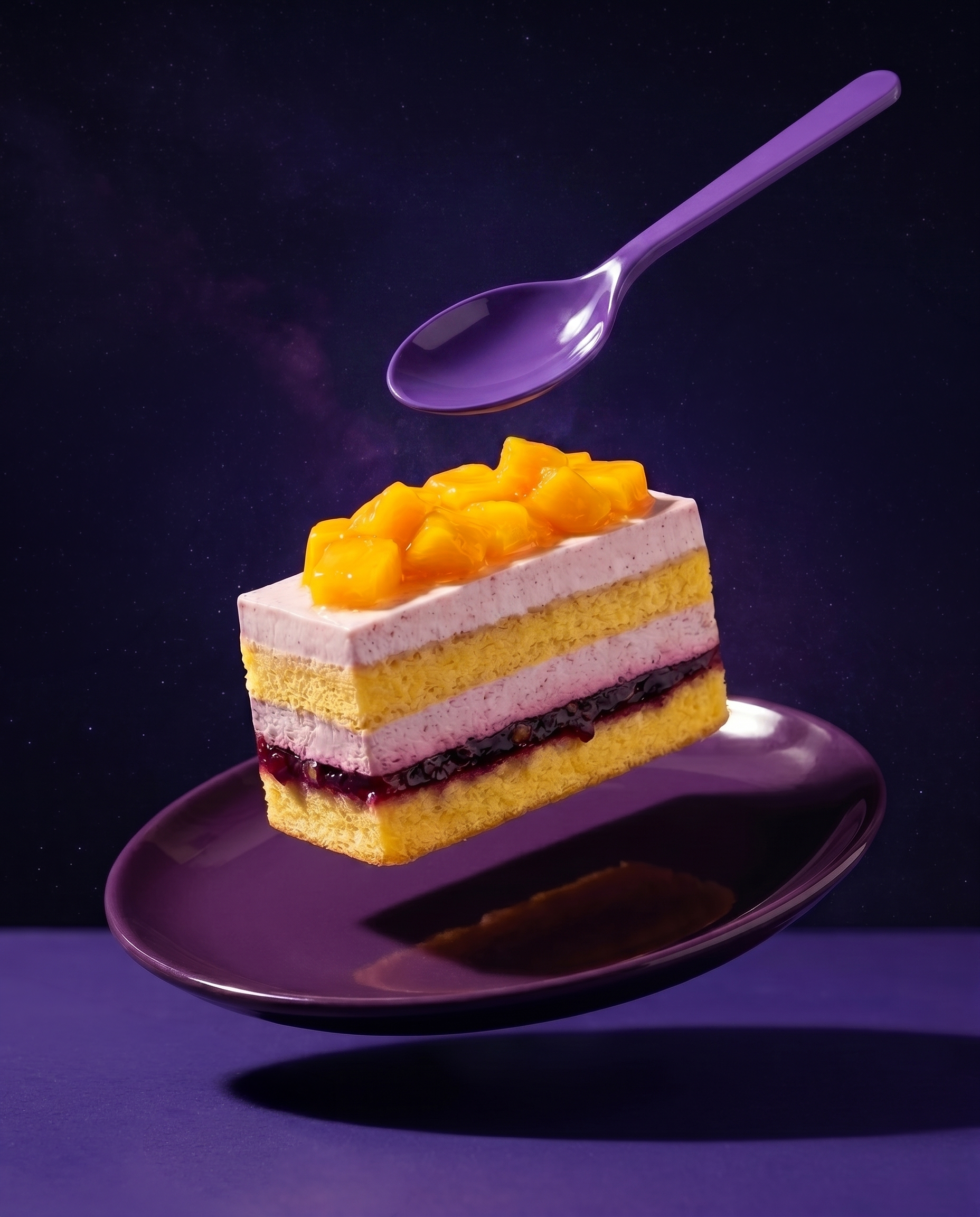 A layered dessert with yellow sponge cake, pink mousse, black jelly, and topped with yellow mango pieces, served on a purple plate against a starry black background.