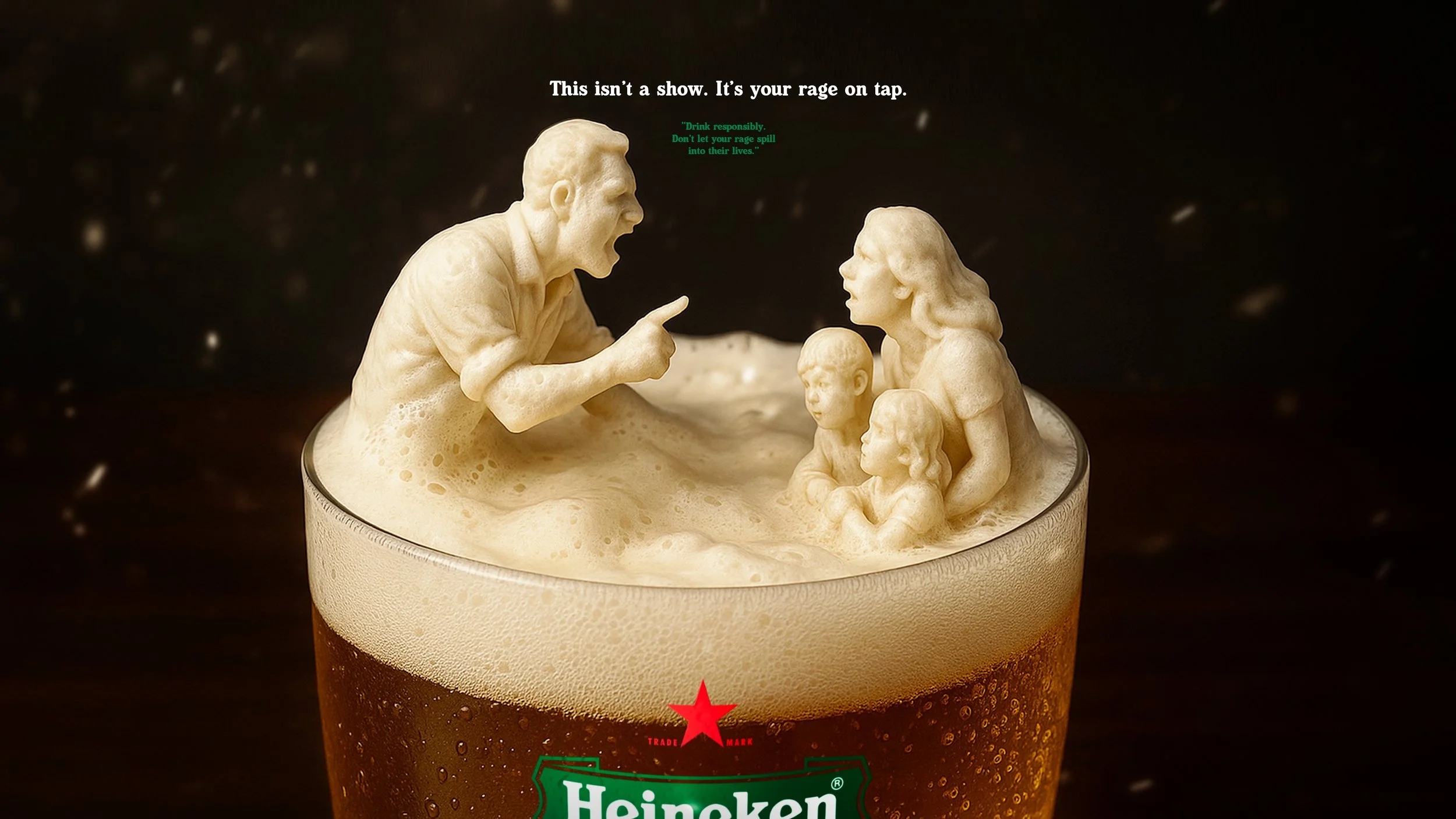 A glass of dark beer with cream foam on top featuring edible figurines of a man and woman with two children, engaging in a conversation, with text overlay about responsible drinking.