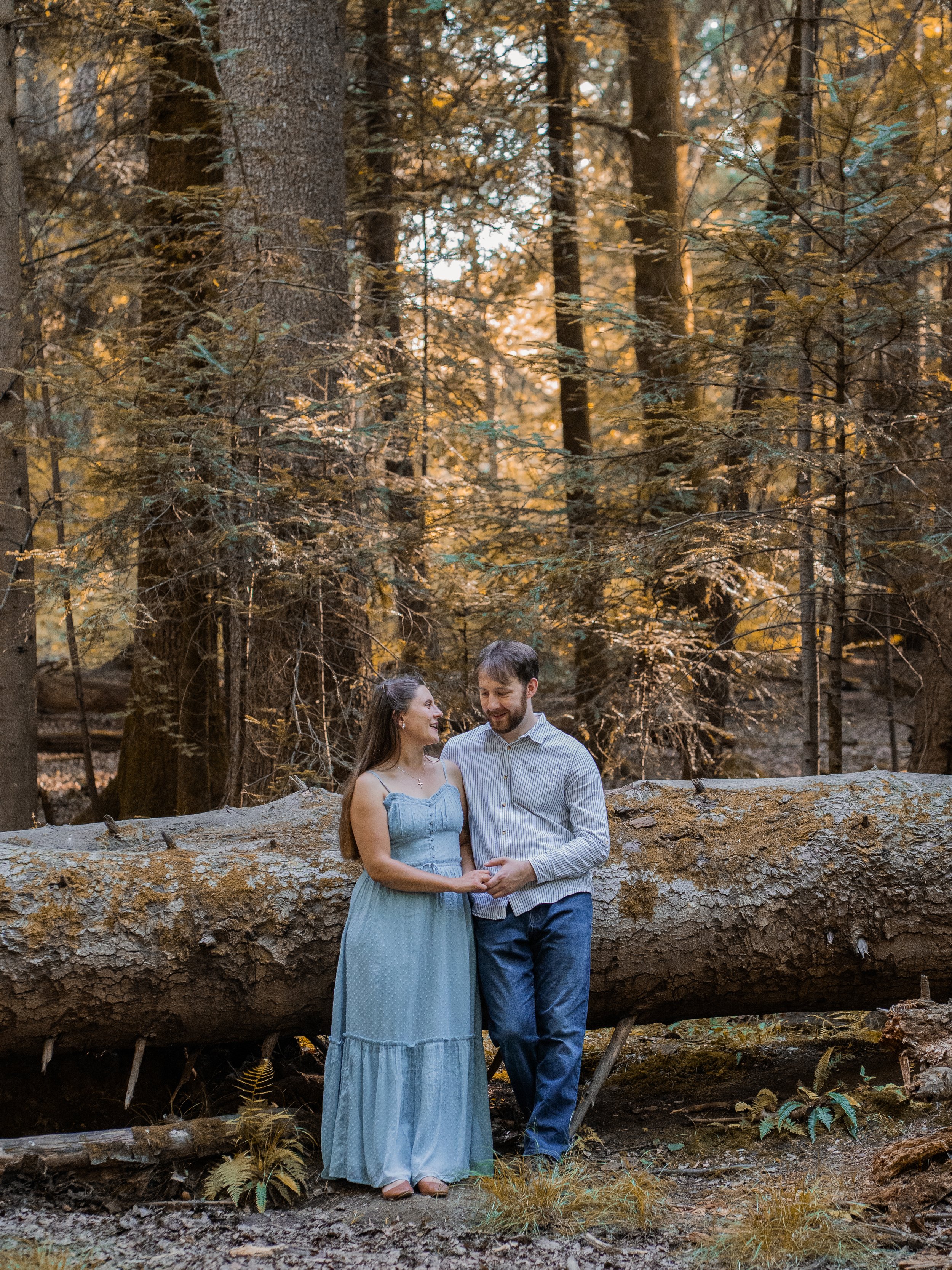 A couple stands close together in a forested area with tall trees and fallen logs, sharing an intimate moment as they hold hands at sunset or late afternoon with warm, golden light filtering through the trees.