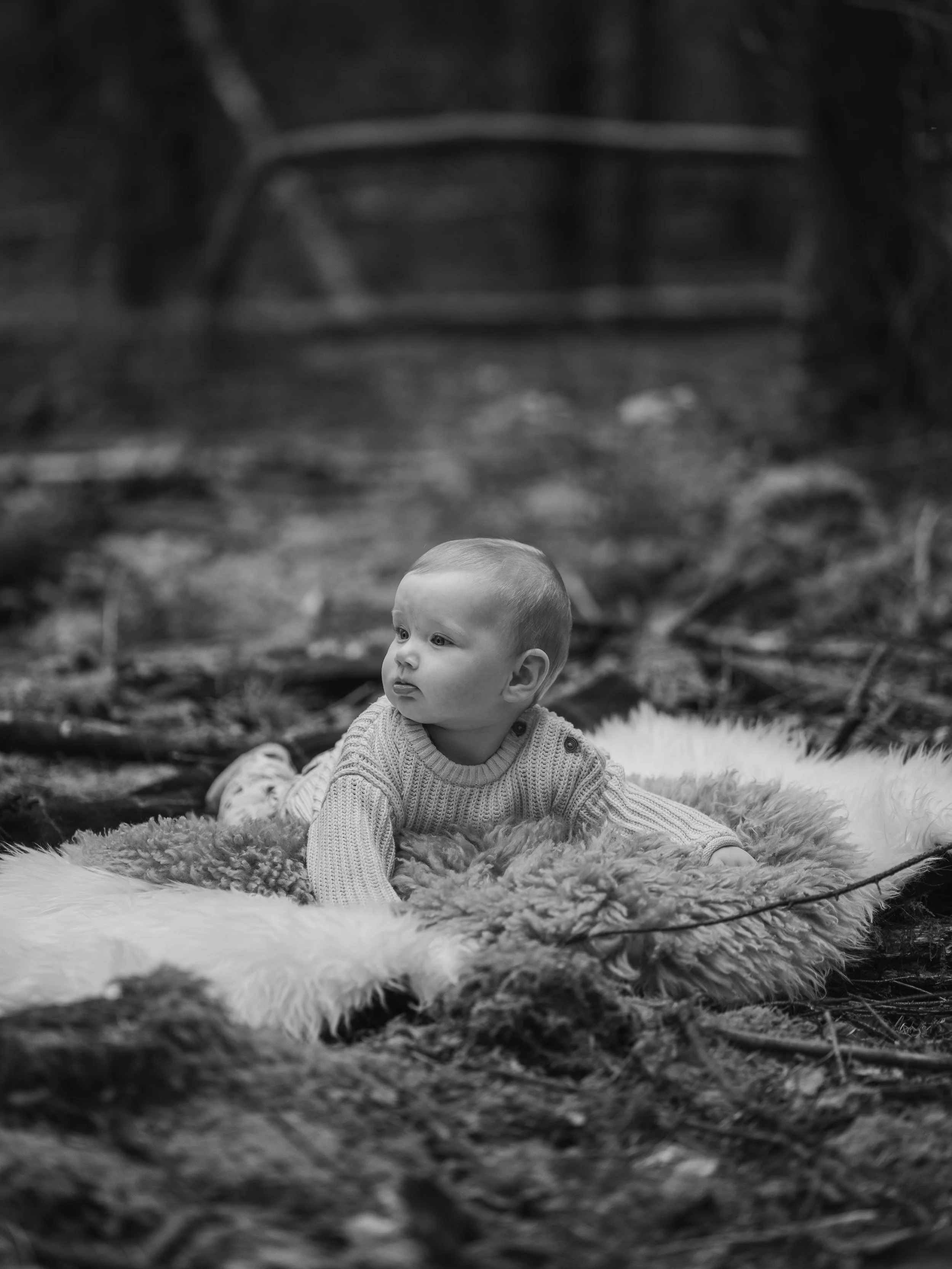Black and white photo of a young child lying on a fluffy blanket outdoors, with trees and a wooden bench in the background in Wilverly in Brockenhurst in the New Forest for a family photoshoot.