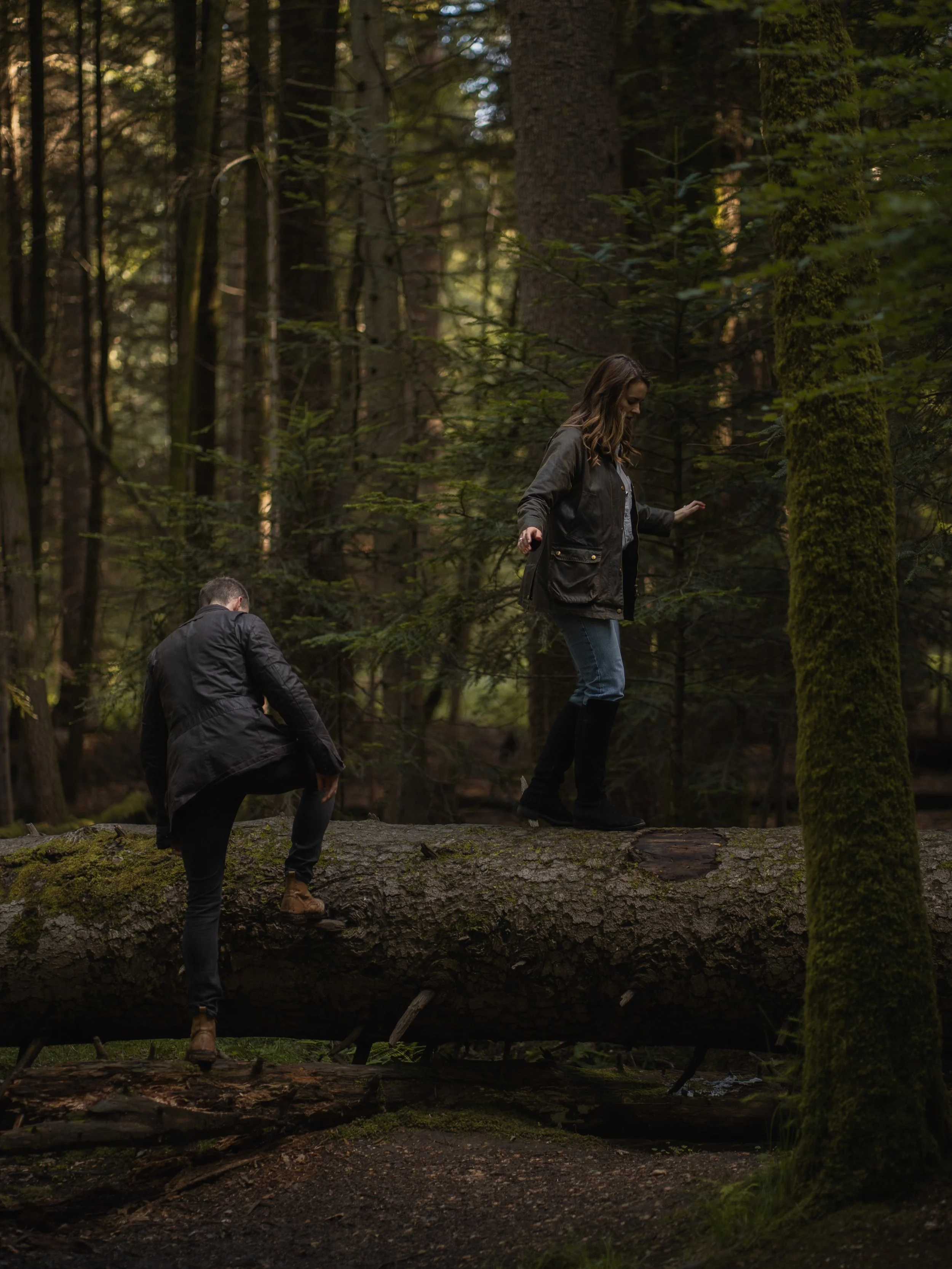 Two people crossing a fallen tree in a forest, one walking along the log and the other climbing over it on a mossy tree trunk, surrounded by tall trees and dense foliage.
