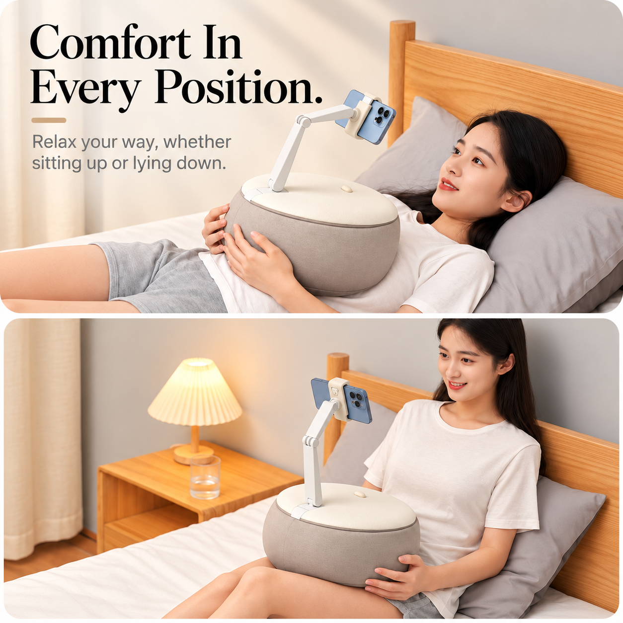 ALYVI V2 cushioned phone holder used comfortably while lying in bed and sitting upright.