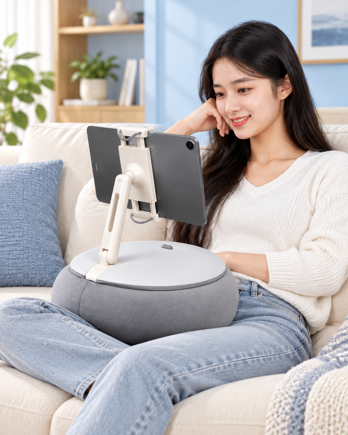 Woman using an ALYVI cushioned tablet stand while seated comfortably on a sofa.