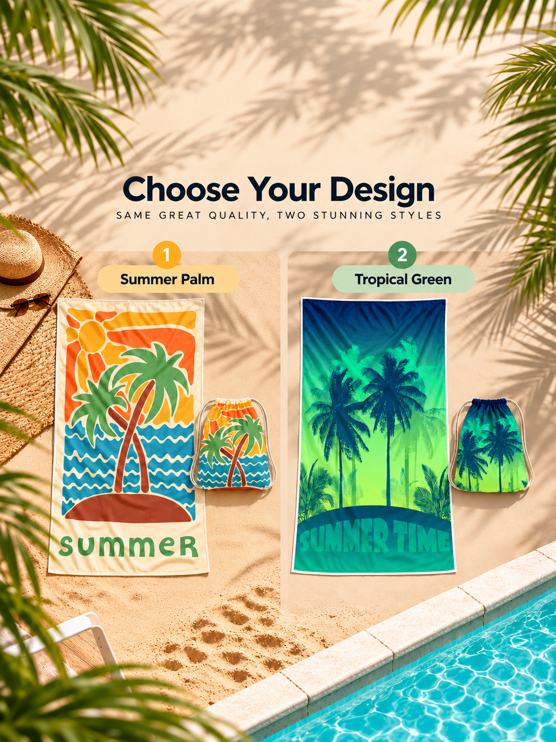 ALYVI 2-in-1 Beach Towel Backpack available in Summer Palm and Tropical Green designs.