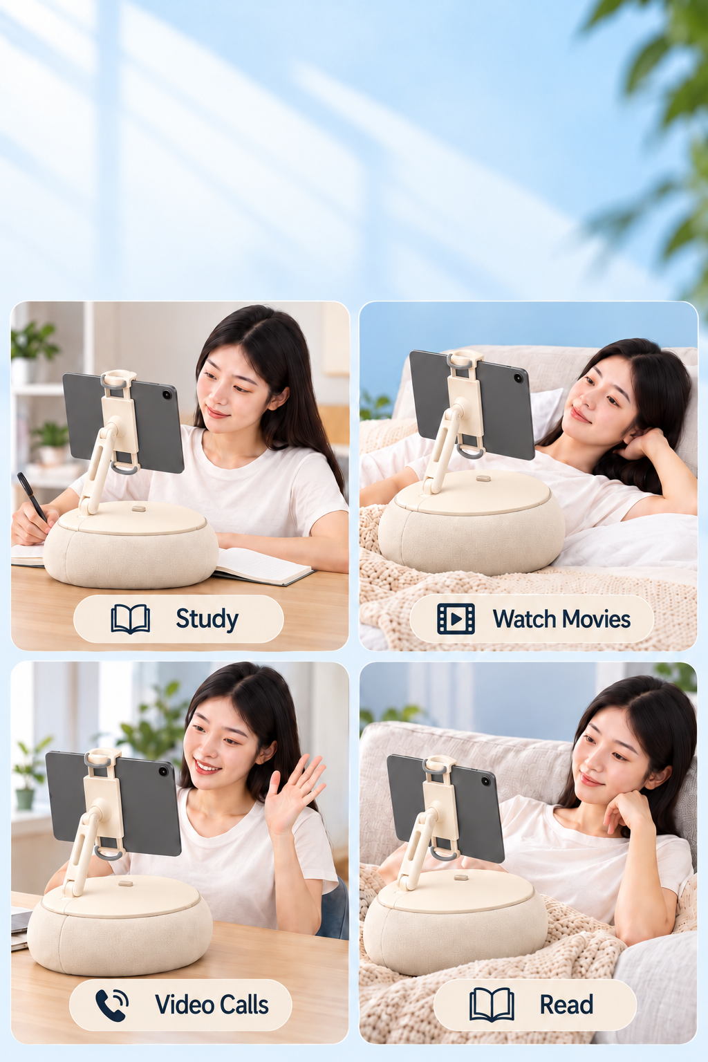ALYVI cushioned device stand used for studying, watching movies, video calls and reading.