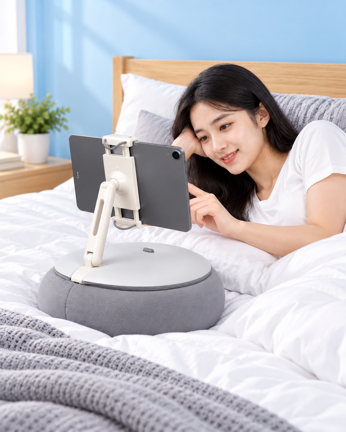 Woman lying on bed using a tablet mounted on a stand