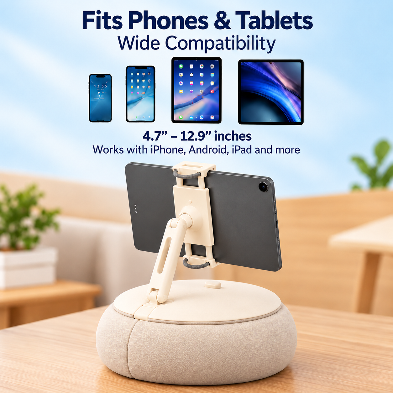 ALYVI V3 device compatibility showing support for smartphones and tablets from 4.7 to 12.9 inches.