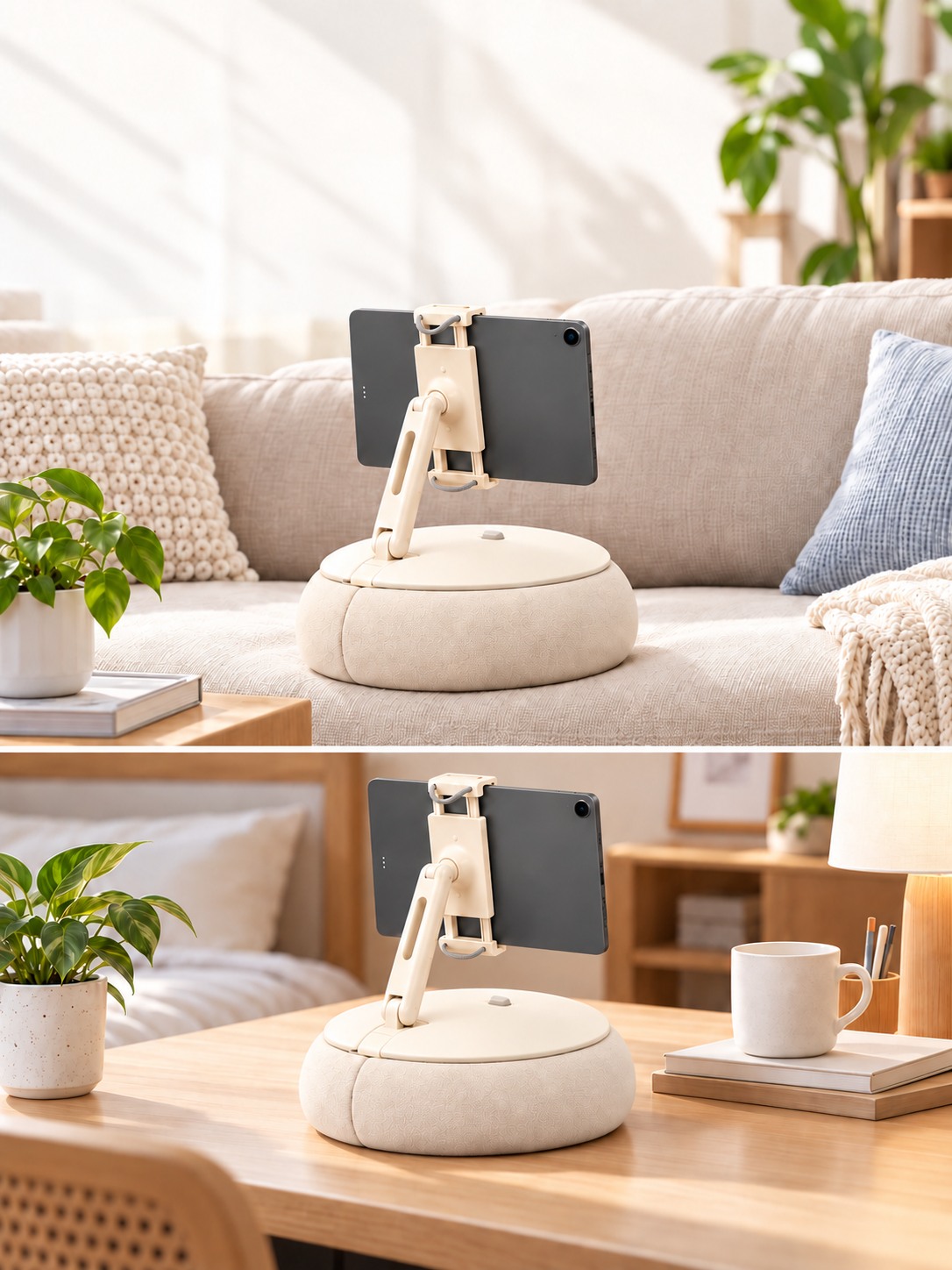 A beige adjustable tablet stand holding a gray tablet, placed on a round cushion on a beige sofa with textured pillows and an indoor plant nearby, in a bright living room.