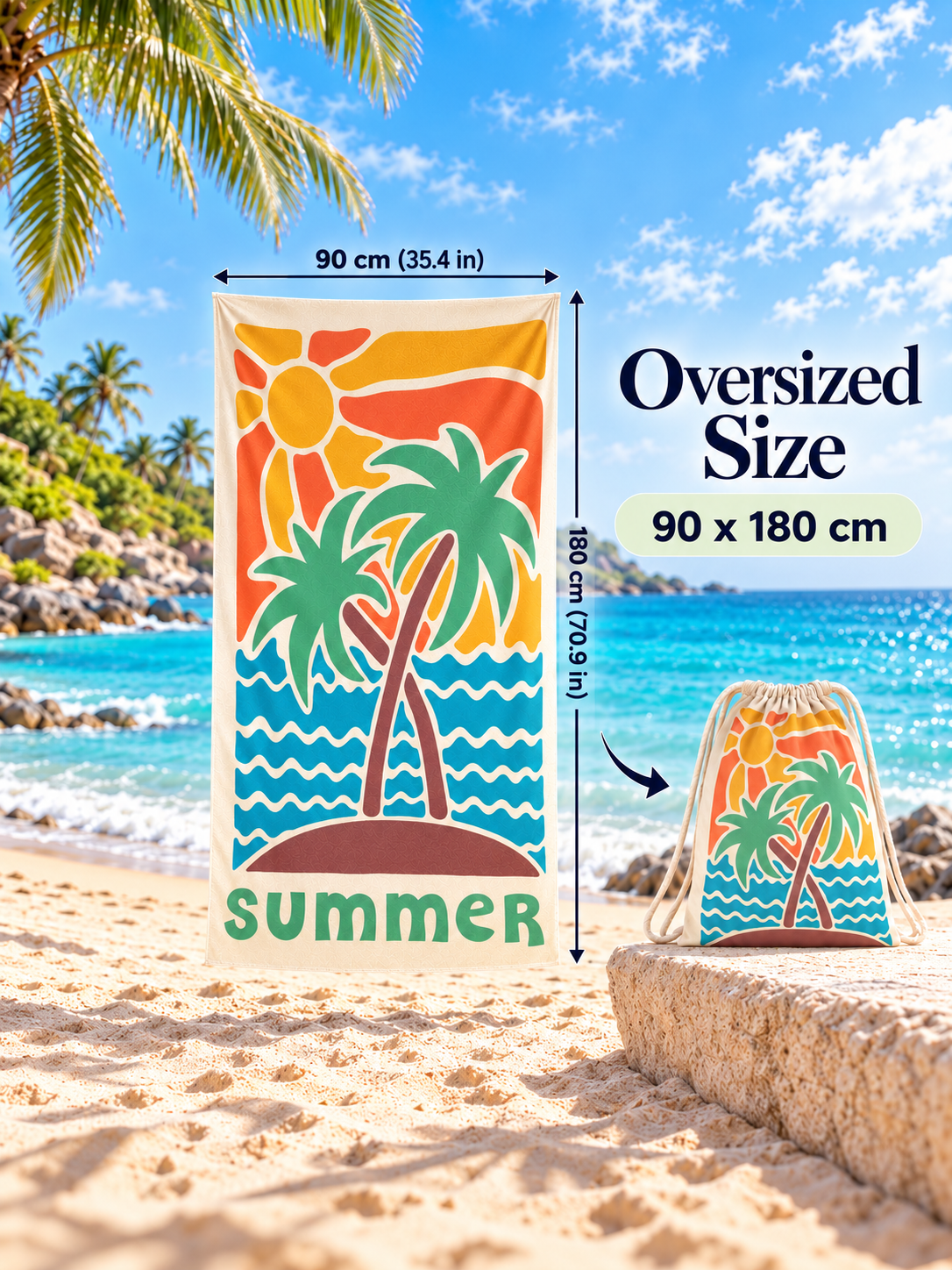 ALYVI Summer Palm oversized beach towel measuring 90 x 180 cm with matching foldable backpack.
