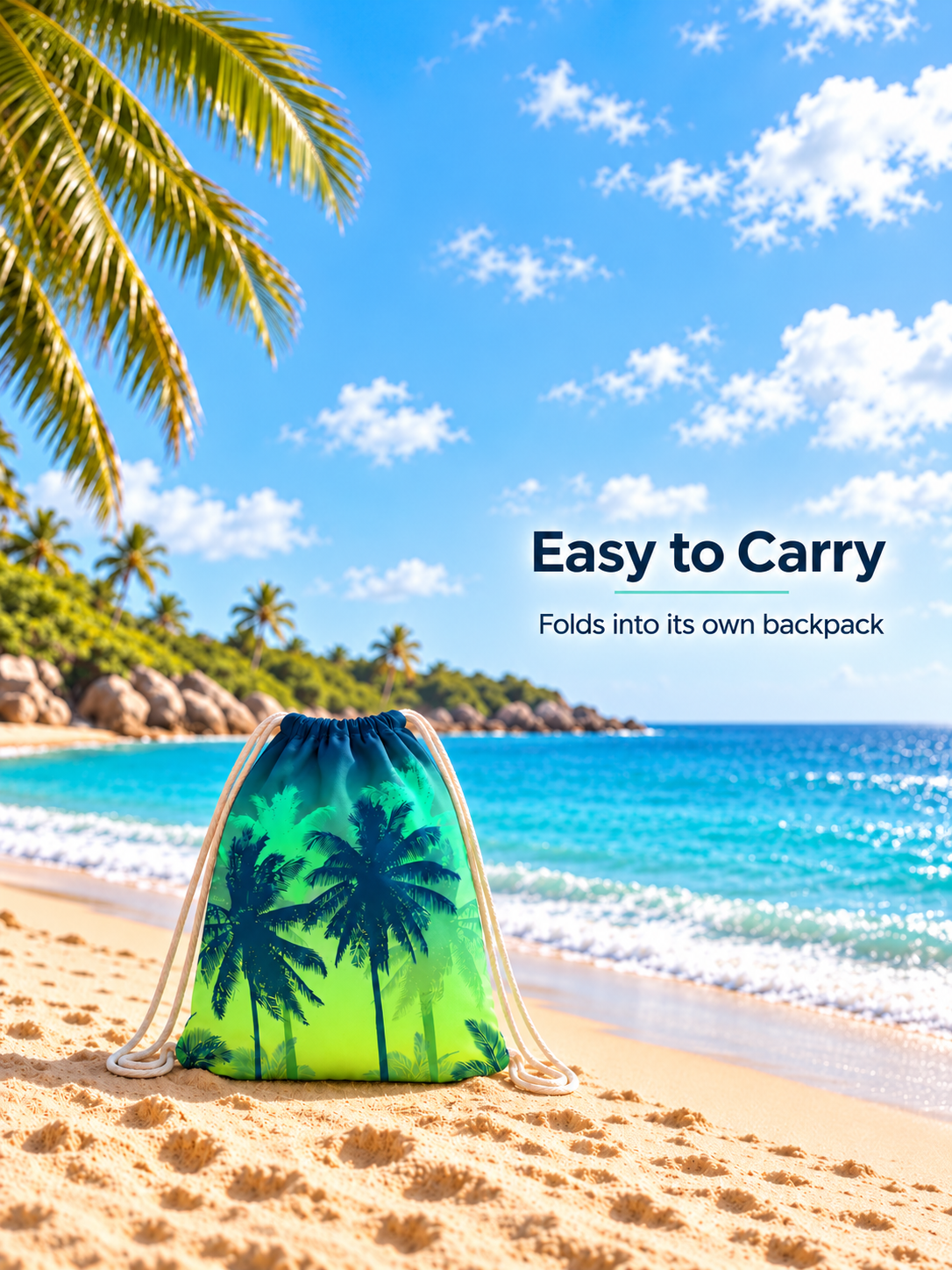 ALYVI Tropical Green beach towel folded into its own lightweight drawstring backpack for easy carrying.