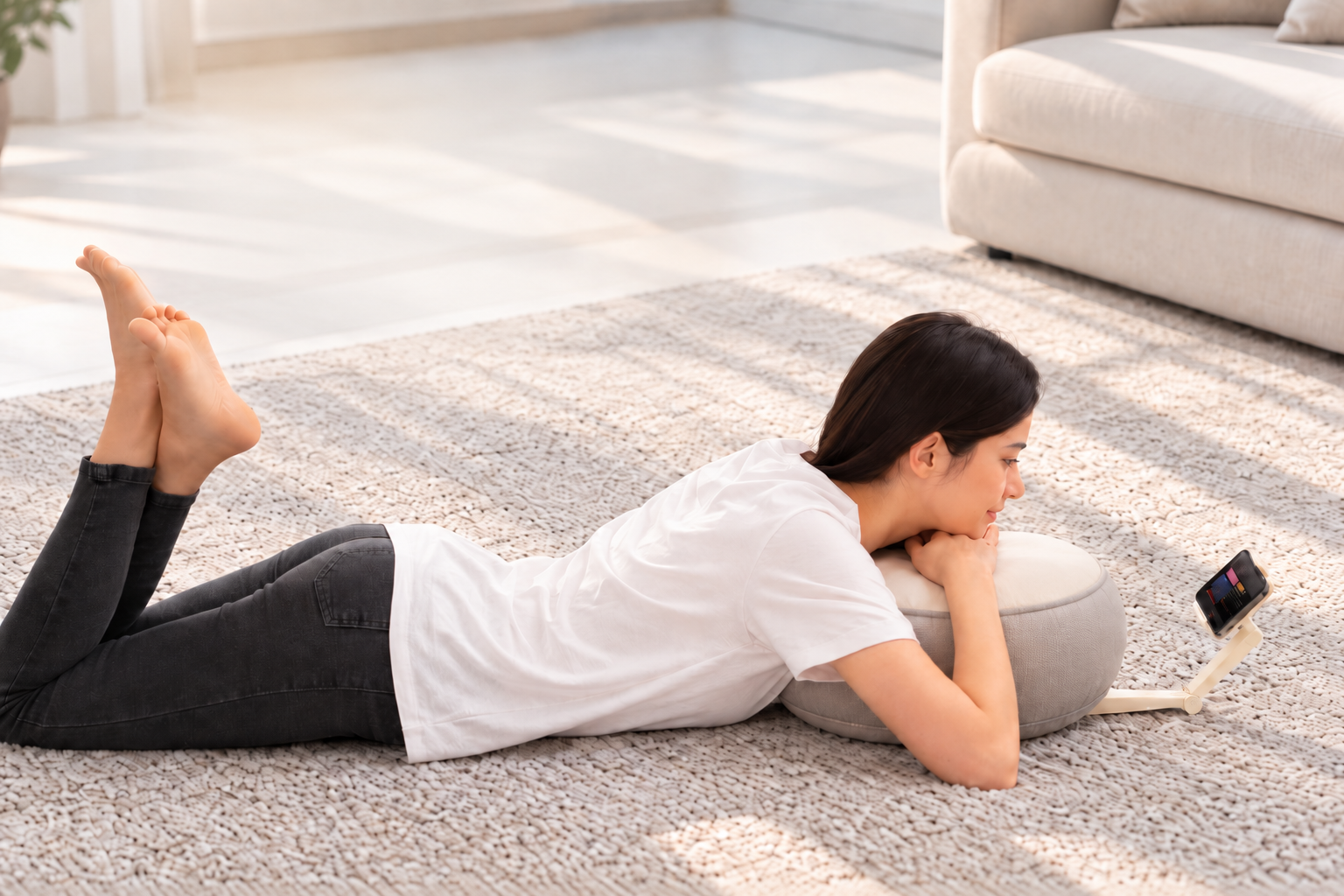 A young woman lying on her stomach on a carpeted floor, resting her head on a small pillow with her arms folded under her chin, looking at her smartphone on a stand.