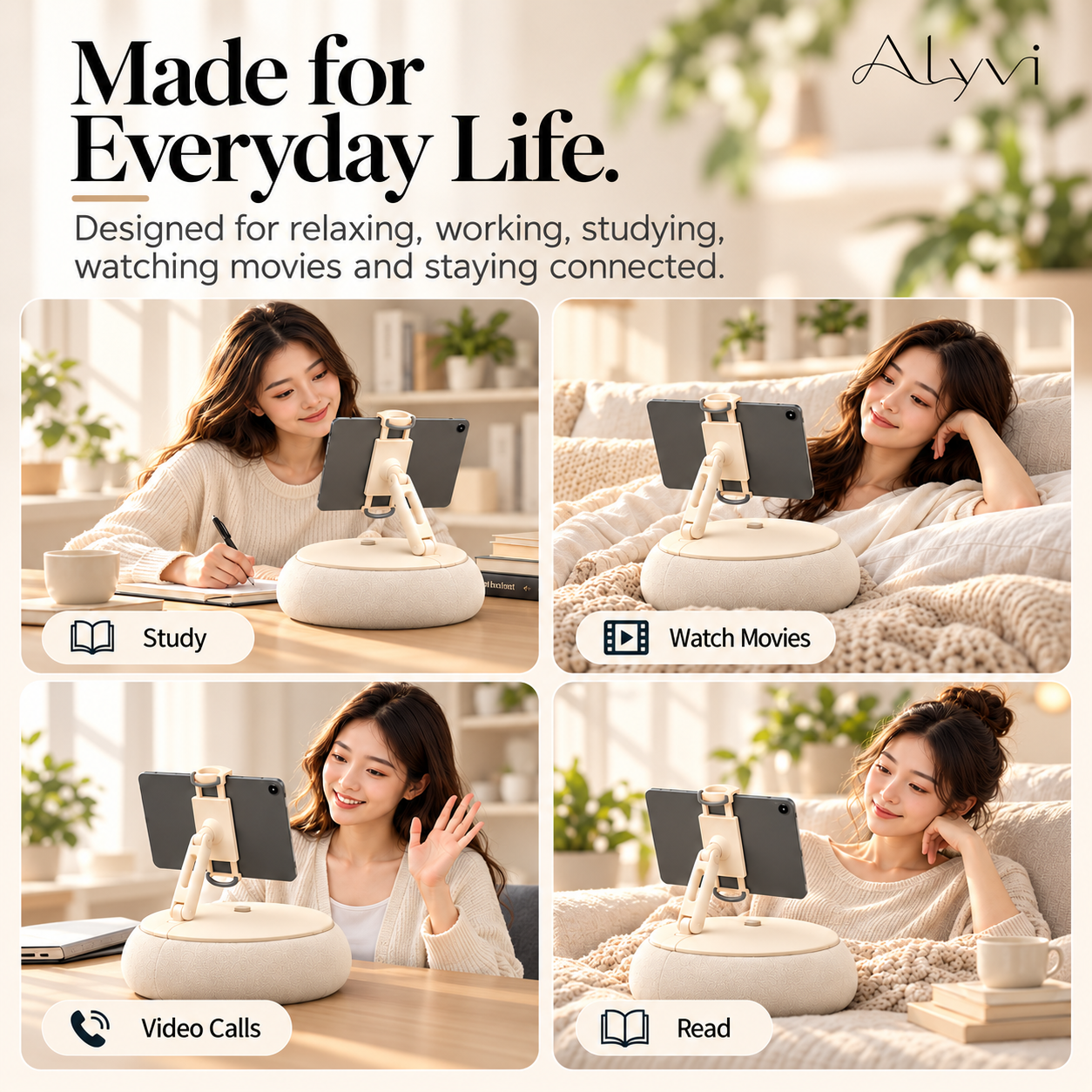 ALYVI V3 cushioned tablet stand used for studying, watching movies, video calls and reading.