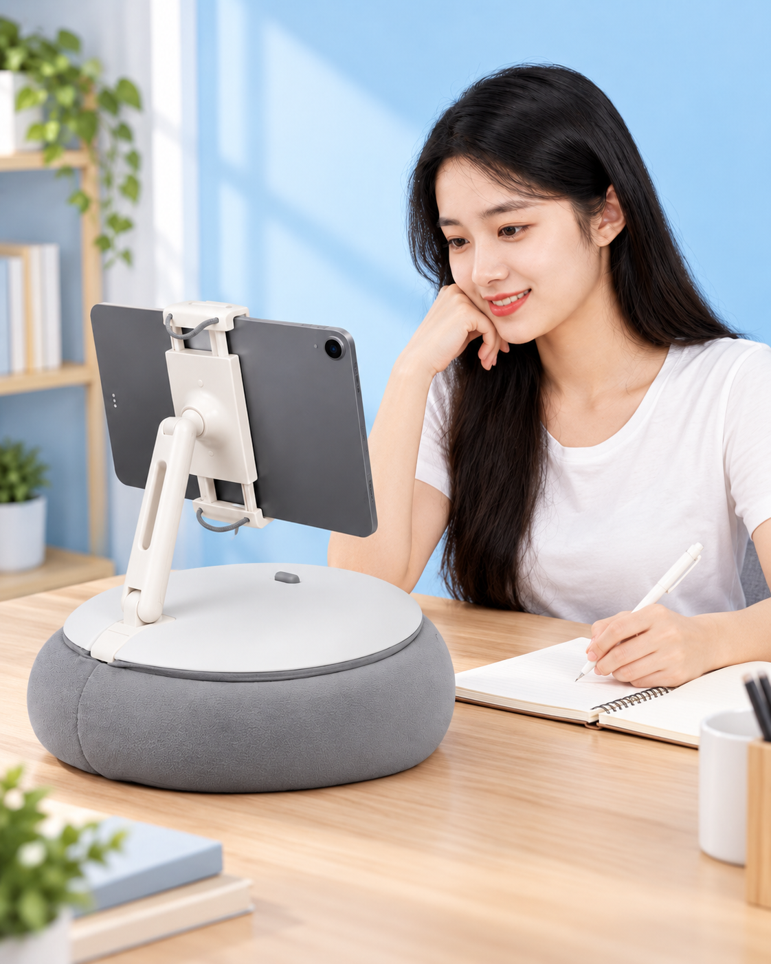 Young woman sitting at a desk, looking at a tablet mounted on a stand with a soft gray base, taking notes in a notebook with a pen.